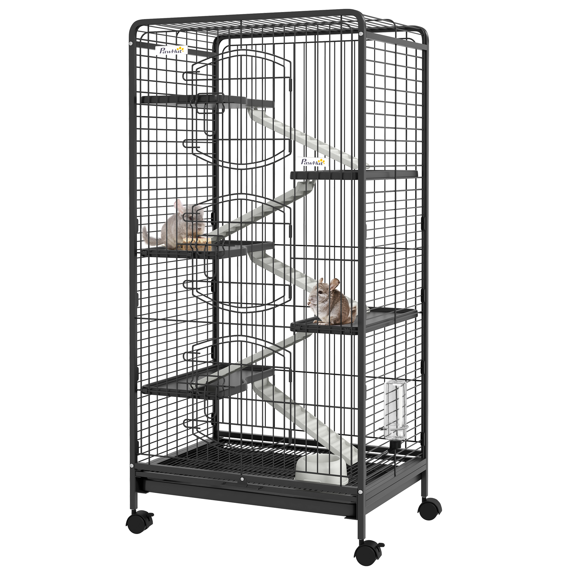 PawHut 5-Level Small Animal Cage For Rabbit, Pet Mink & Chinchilla W/ Removable Tray, Ramp, Water Bottle & Food Dish, Small Pet Cage For Indoor, Black