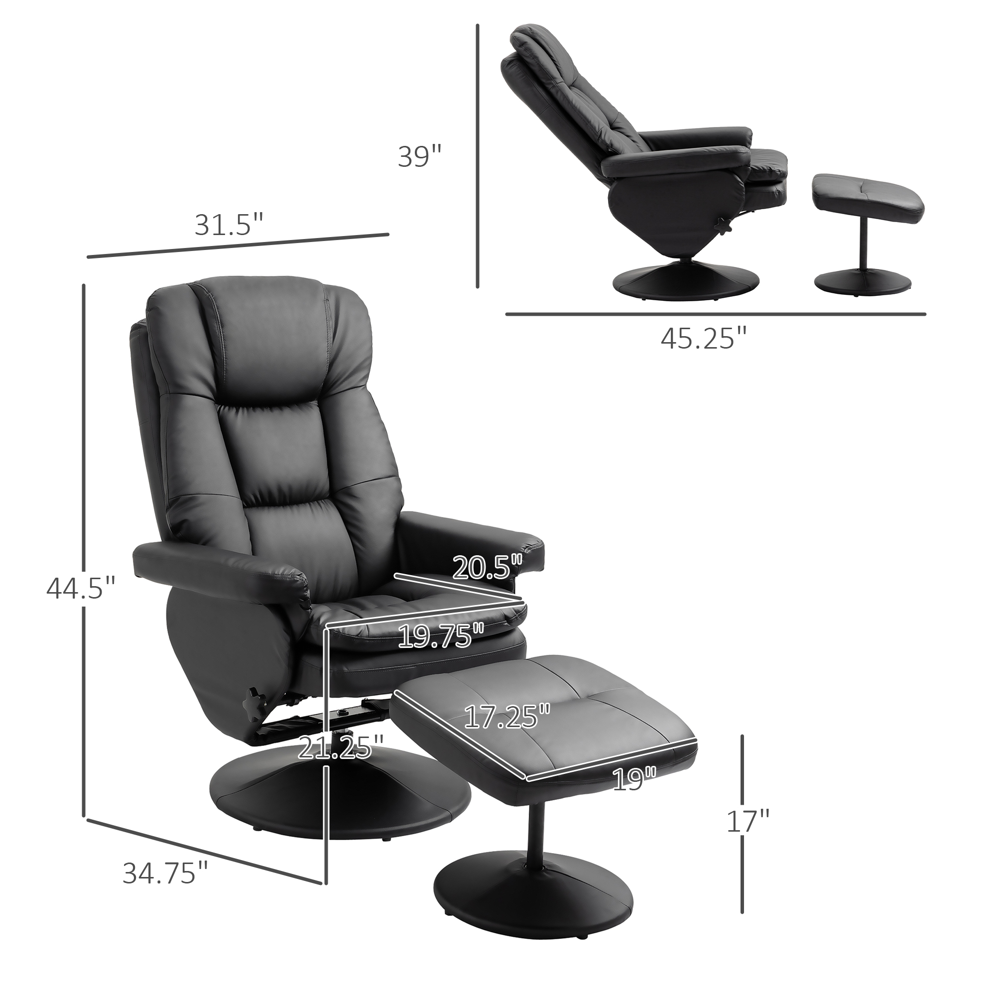 HOMCOM Recliner and Ottoman with Wrapped Base, Swivel PU Leather Reclining Chair with Footrest for Living Room, Bedroom and Office, Black| Aosom.com 1