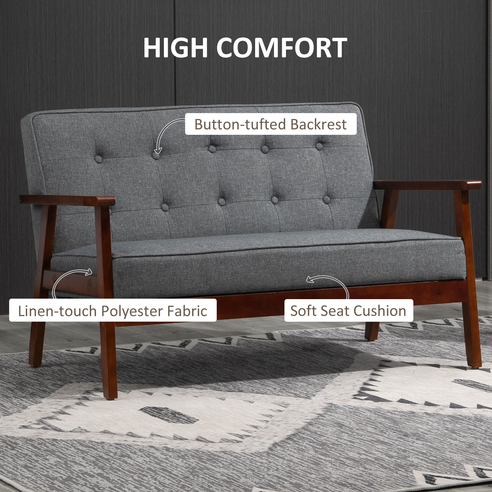 HOMCOM Modern 2-Seat Loveseat Sofa Linen-Touch Fabric Upholstered Tufted Couch With Rubberwood Legs, Grey