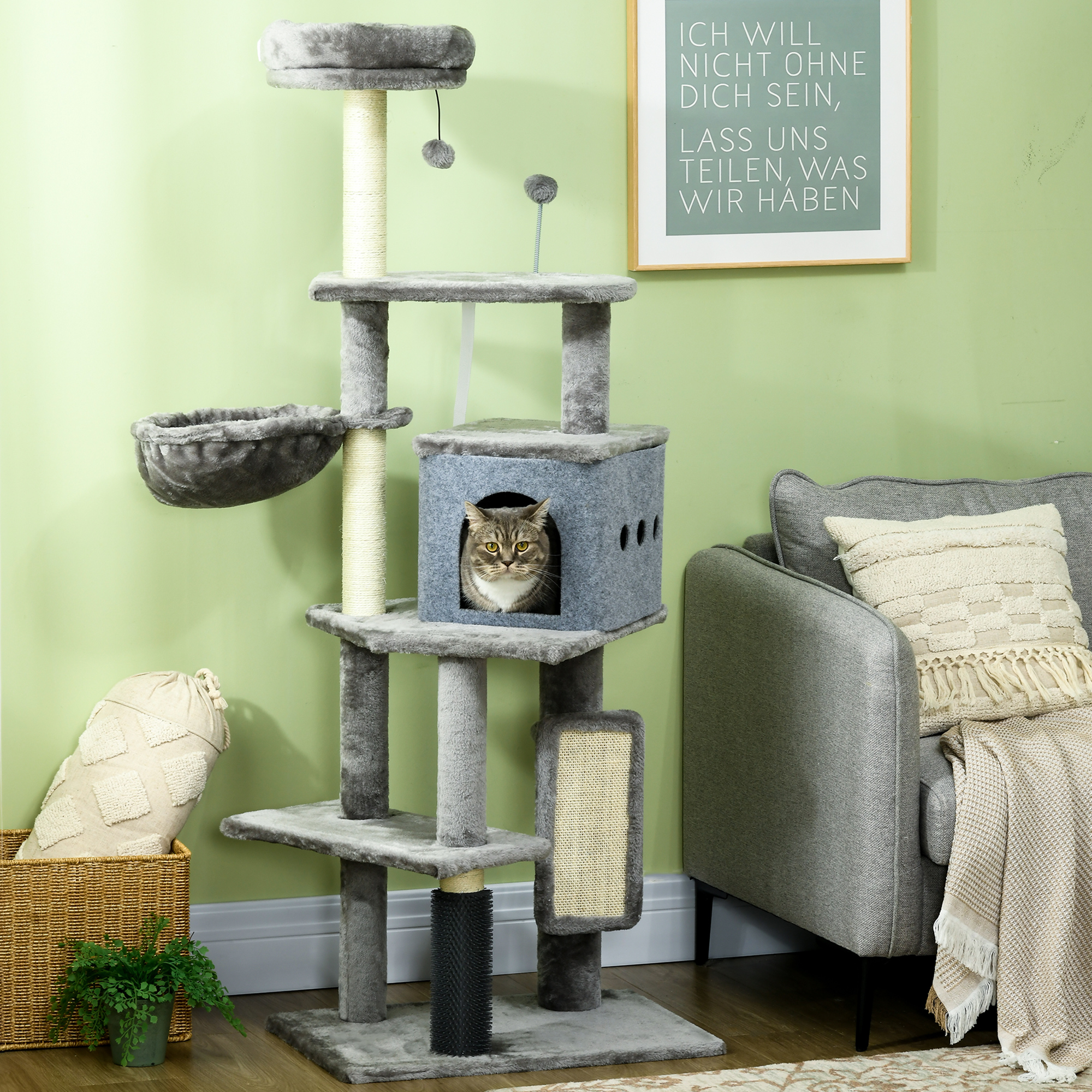 PawHut 59" Cat Tree with Scratching Posts, Self Groomer, Scratching Pad