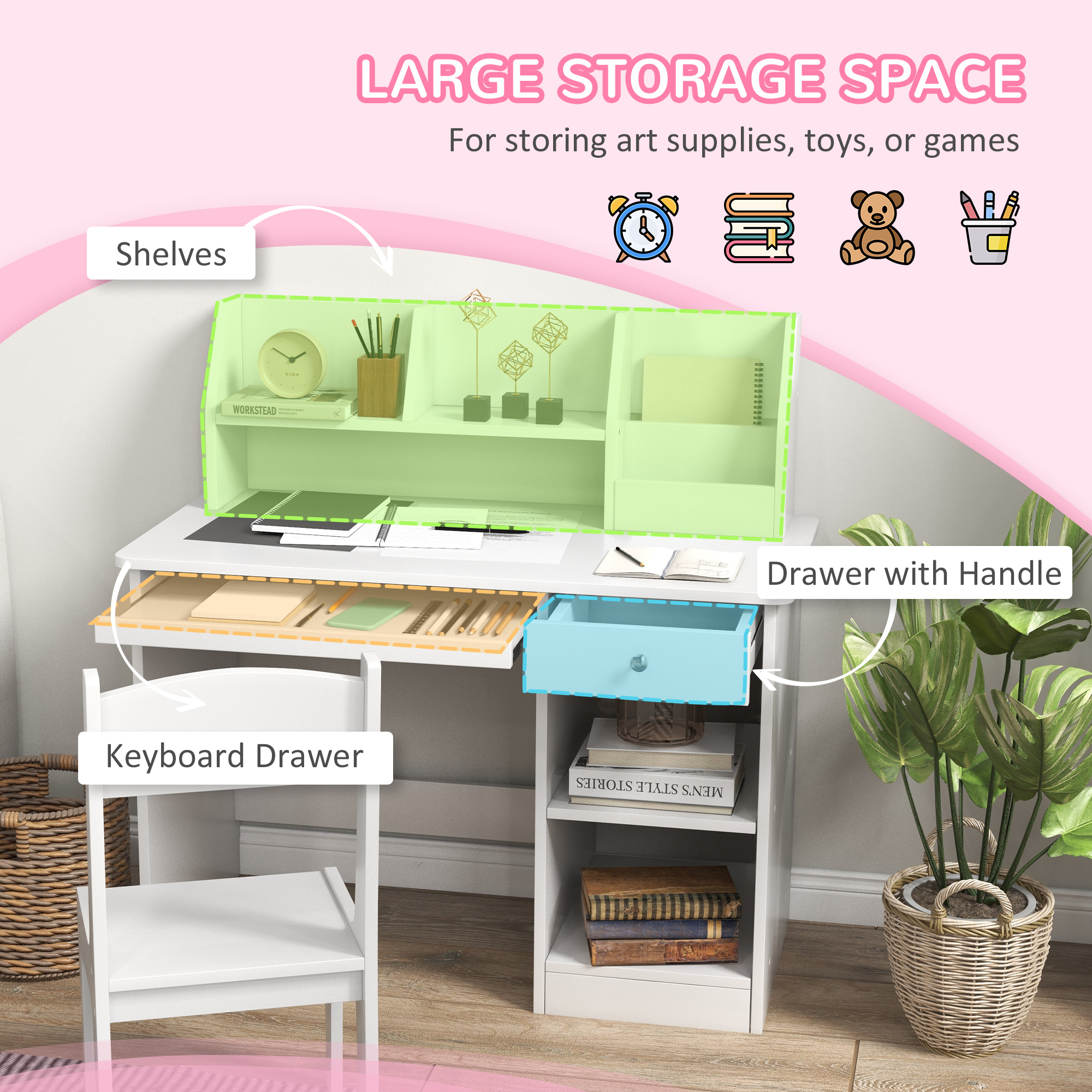 Qaba Kids Desk and Chair Set 5-8 Year Old with Storage, White | Aosom.com