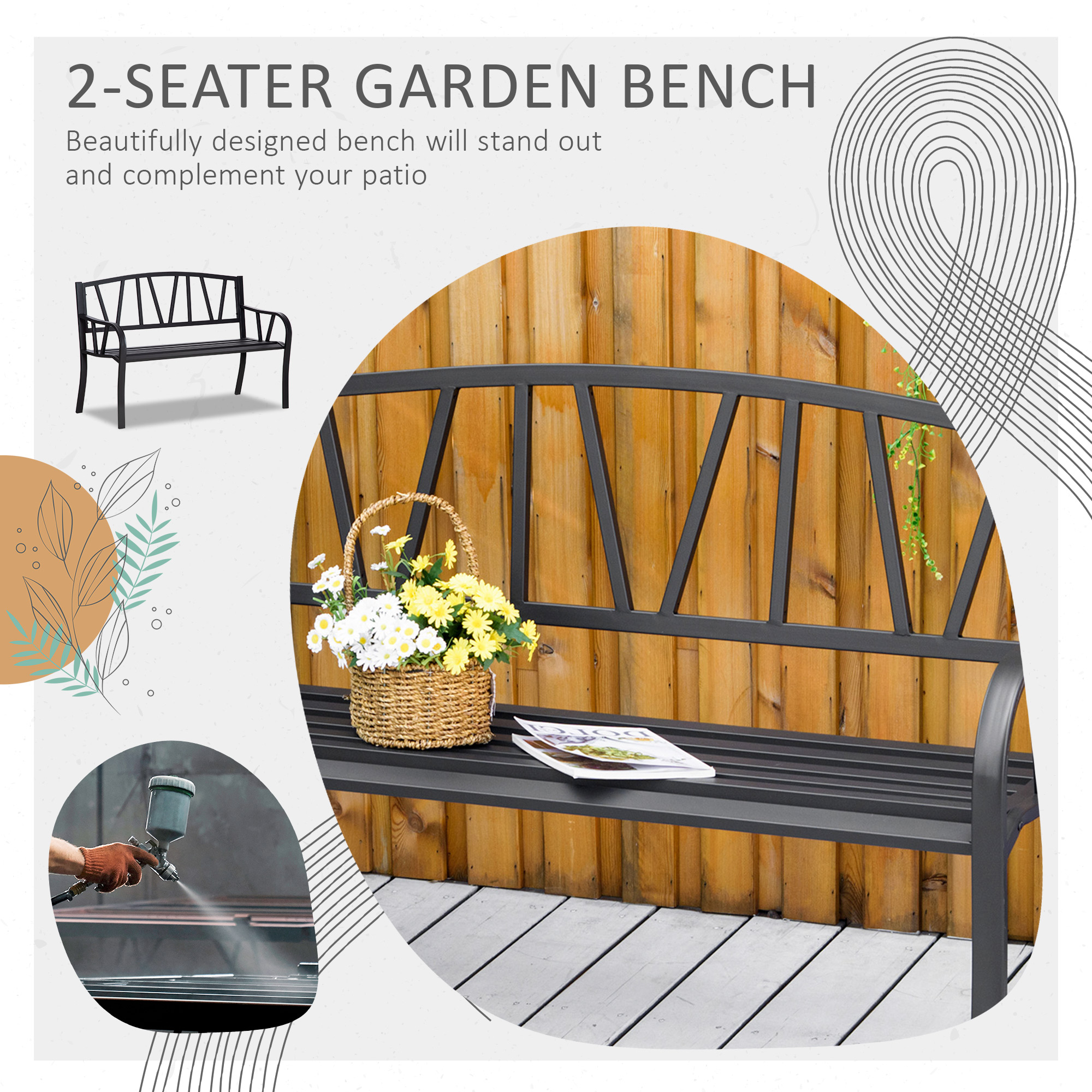 Outsunny Metal Garden Bench 2-Seater Garden Bench Solid Metal Loveseat ...