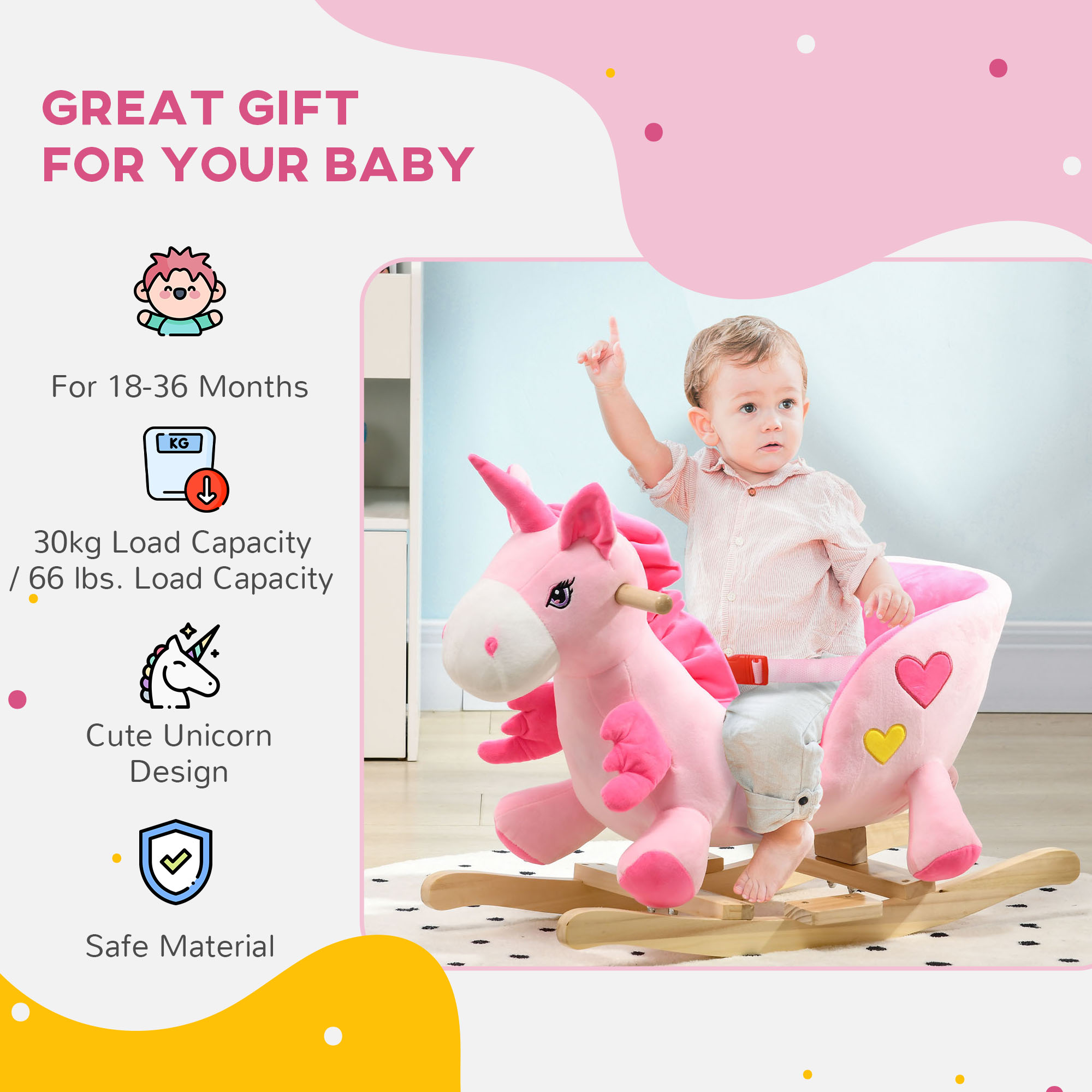 Qaba Baby Rocking Horse Ride On Unicorn with Songs Toddler Rocker Toy with Wooden Base Seat Safety Belt for 1.5 3 Year Old Pink