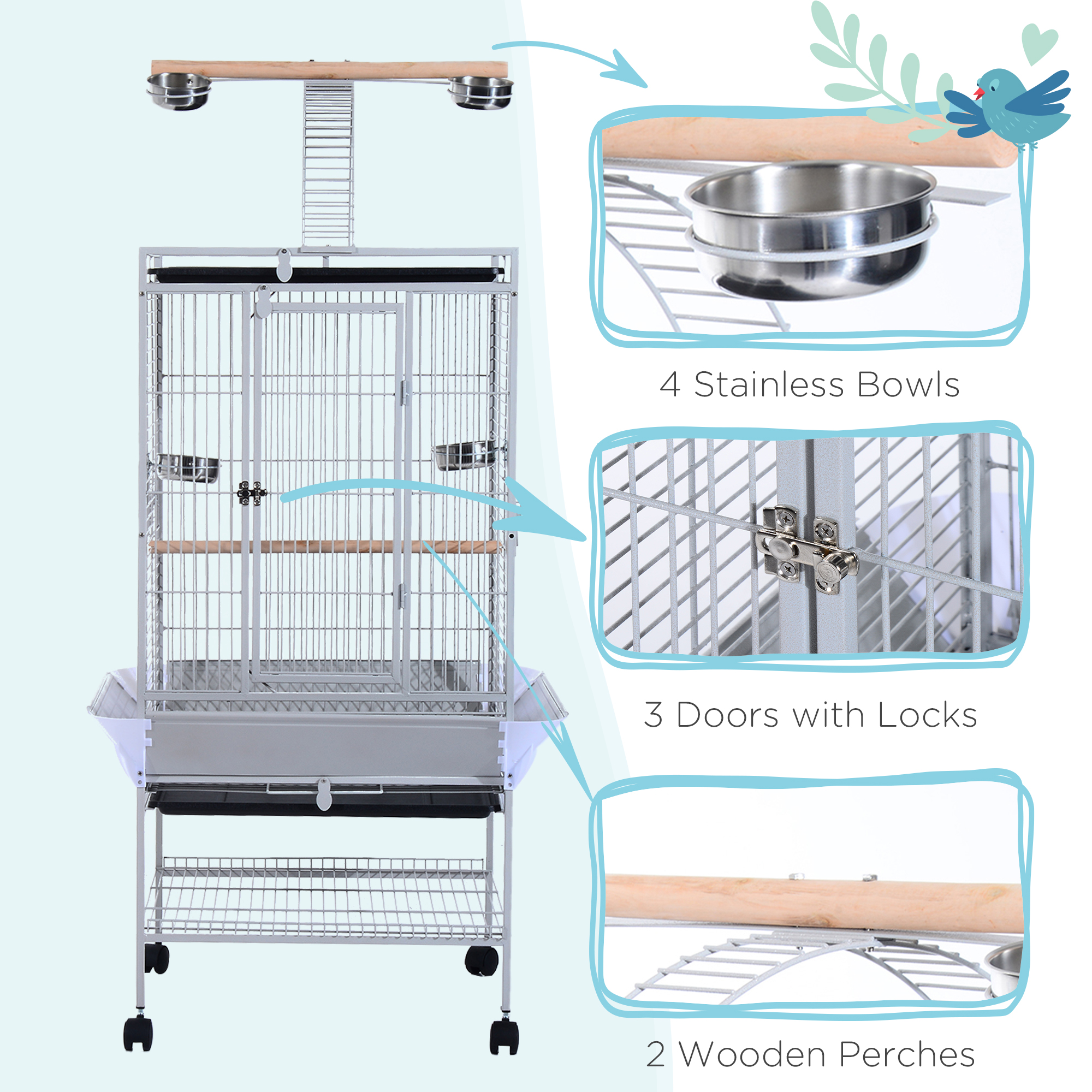 PawHut 63.5 Large Bird Parrot Cage Stand Finch Feeder Play Top House Perch Bowl Wheels, Silver , Aosom Canada