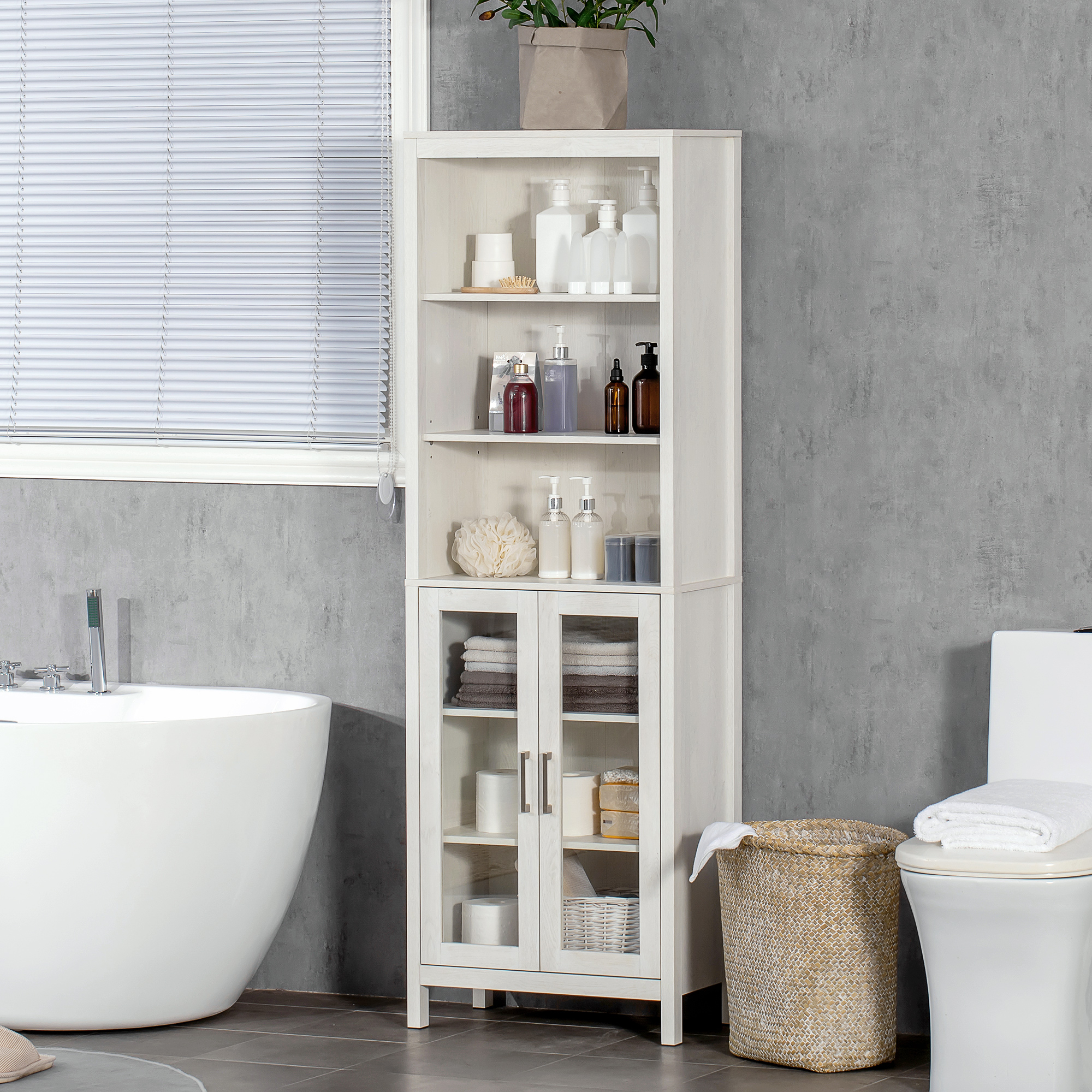 kleankin Tall Bathroom Storage Cabinet with 3 Tier Shelf, Glass Door ...