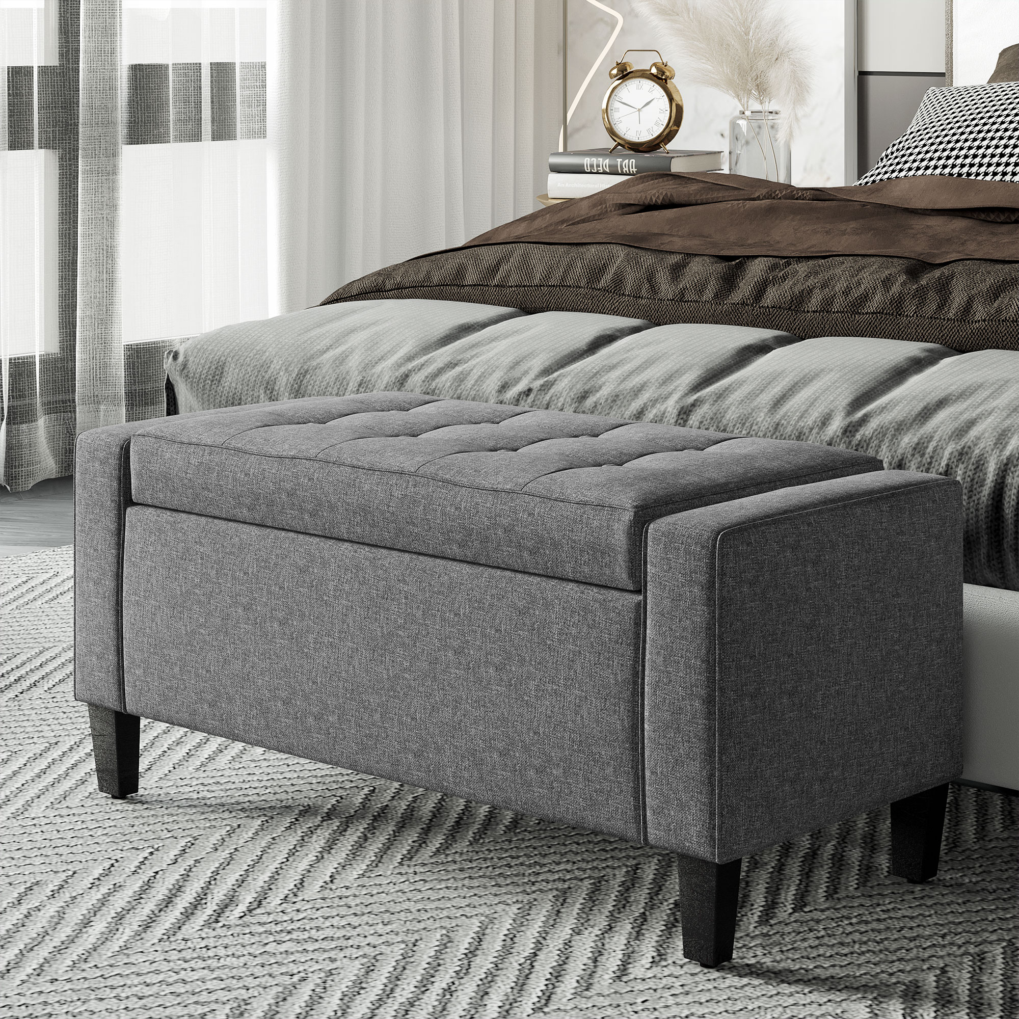 HOMCOM Storage Ottoman Bench Linen-Touch Fabric Tufted Chest Footstool With Flipping Top, Grey , Aosom Canada