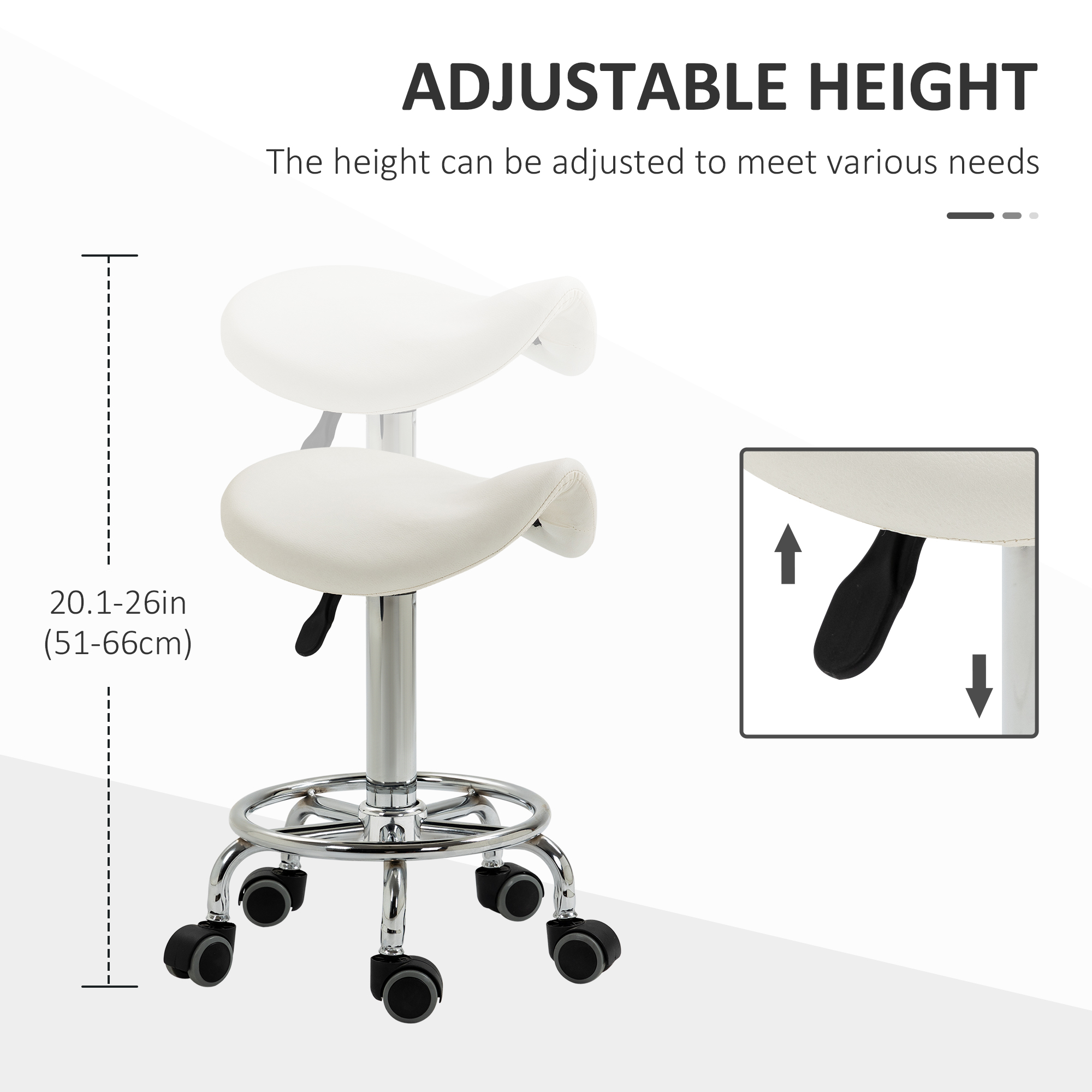 HOMCOM Saddle Stool, PU Leather Adjustable Rolling Salon Chair For Massage, Spa, Clinic, Beauty And Tattoo, White , Aosom Canada