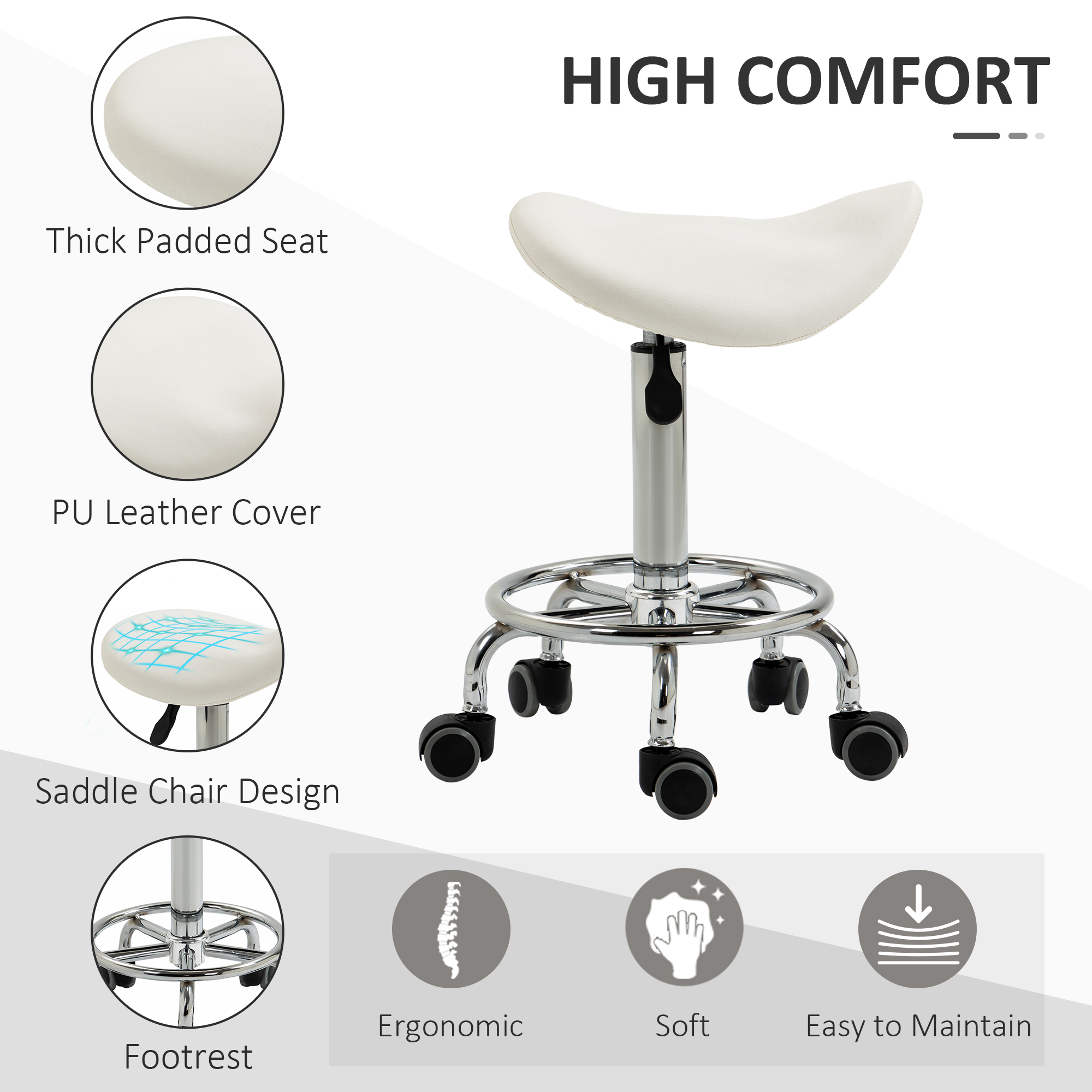 HOMCOM Saddle Stool, PU Leather Adjustable Rolling Salon Chair For Massage, Spa, Clinic, Beauty And Tattoo, White , Aosom Canada