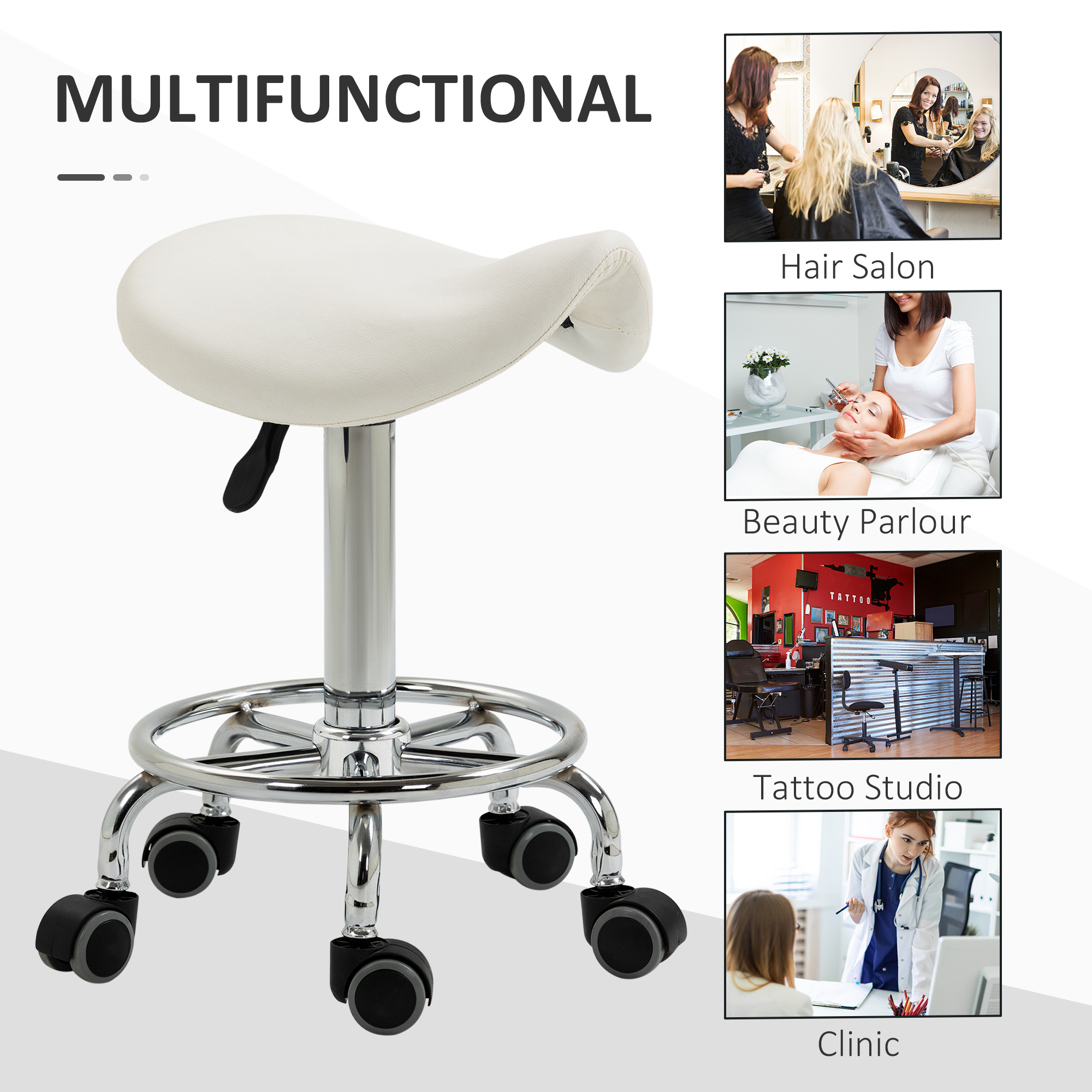 HOMCOM Saddle Stool, PU Leather Adjustable Rolling Salon Chair For Massage, Spa, Clinic, Beauty And Tattoo, White , Aosom Canada