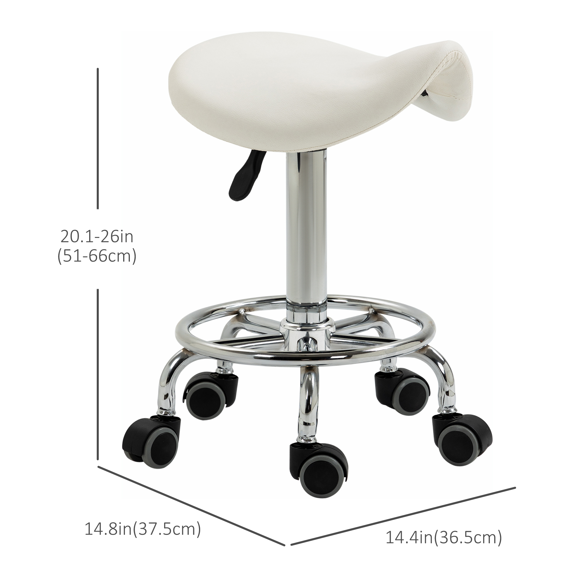 HOMCOM Saddle Stool, PU Leather Adjustable Rolling Salon Chair For Massage, Spa, Clinic, Beauty And Tattoo, White , Aosom Canada