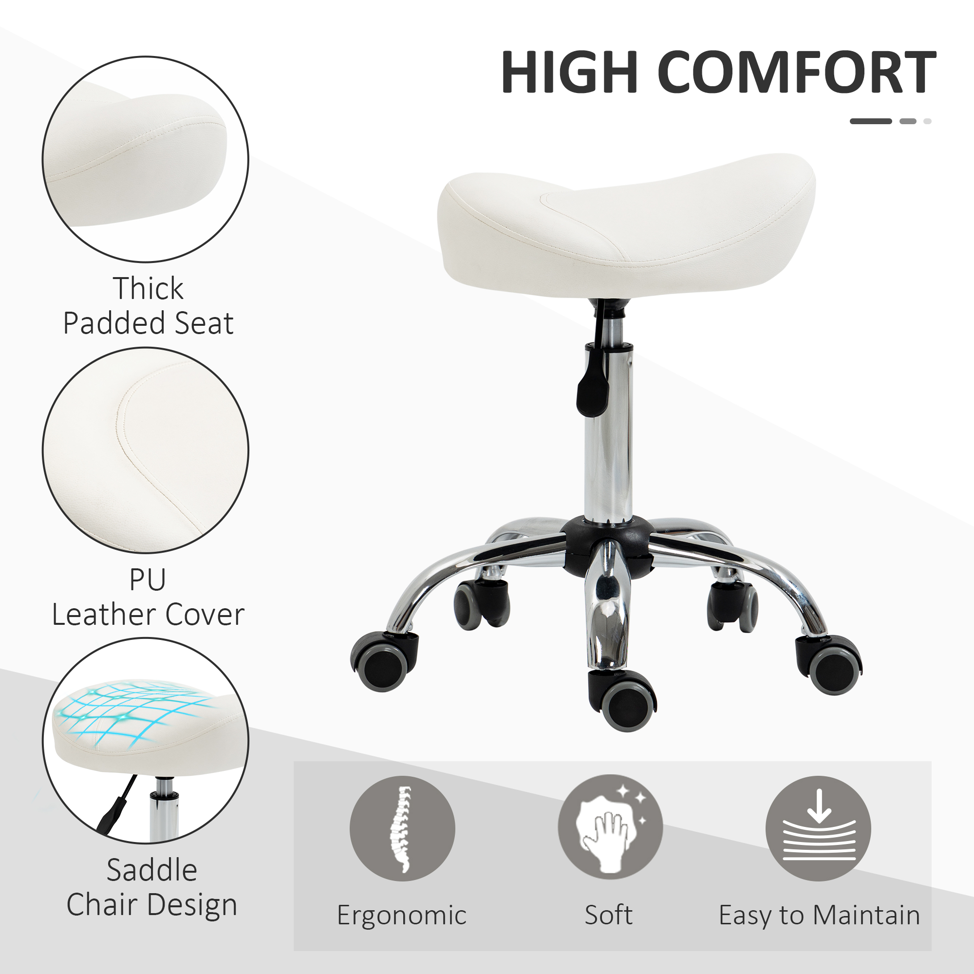 HOMCOM Saddle Stool, Height Adjustable Rolling Salon Chair With PU Leather For Massage, Spa, Clinic, Beauty And Tattoo, White , Aosom Canada