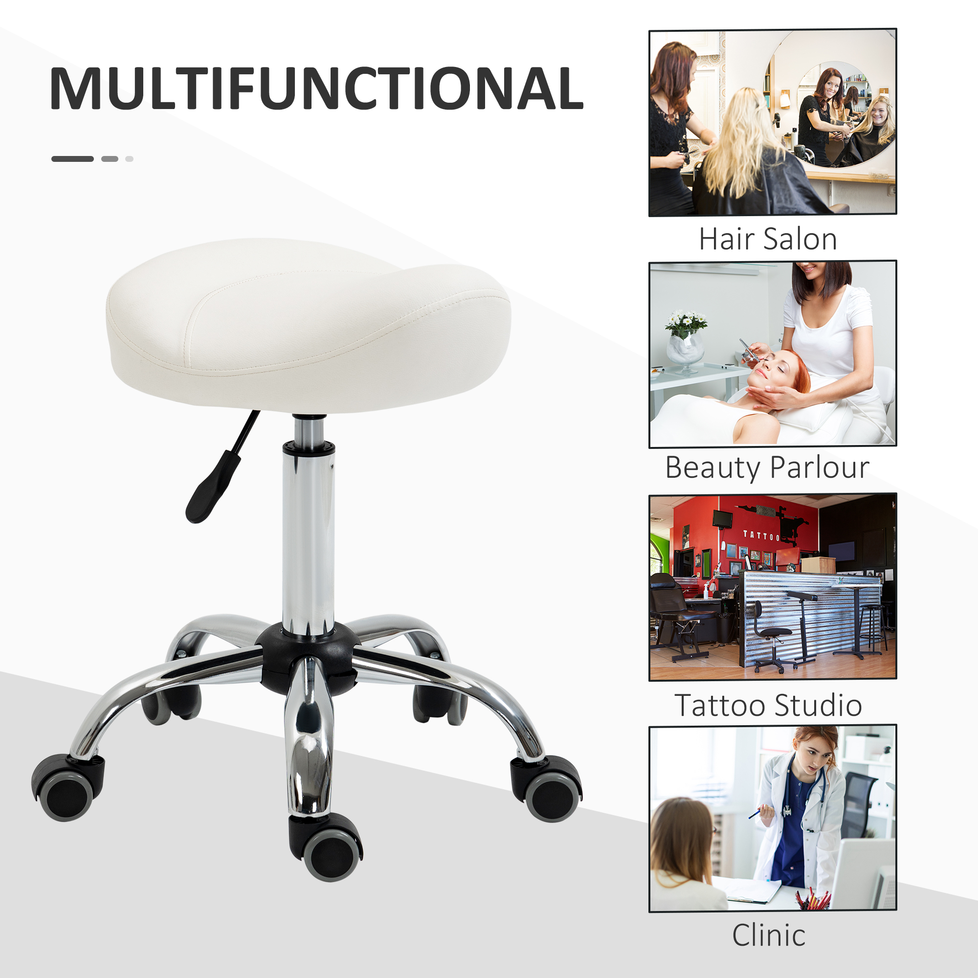 HOMCOM Saddle Stool, Height Adjustable Rolling Salon Chair With PU Leather For Massage, Spa, Clinic, Beauty And Tattoo, White , Aosom Canada