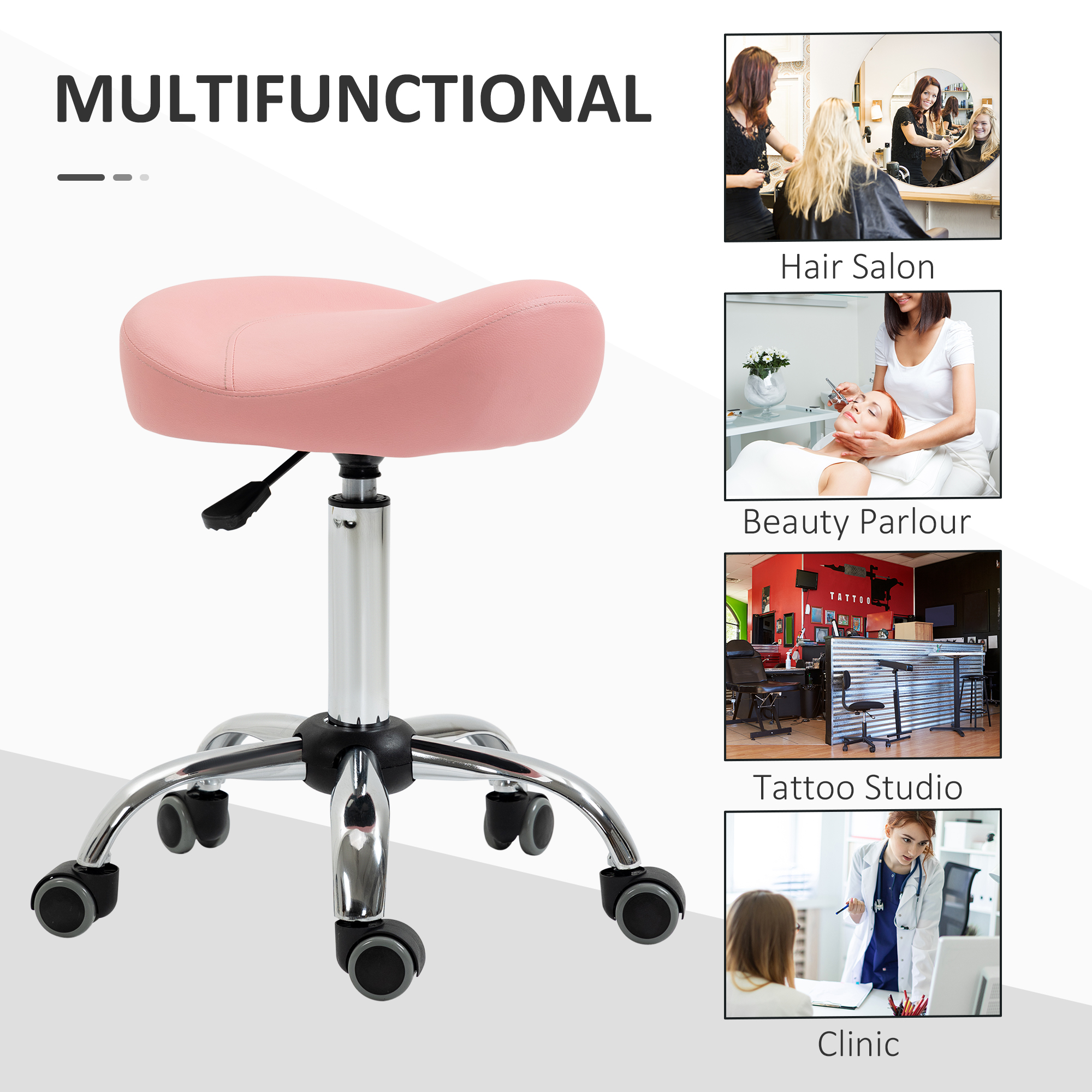 HOMCOM Saddle Stool, Height Adjustable Rolling Salon Chair With PU Leather For Massage, Spa, Clinic, Beauty And Tattoo, Pink , Aosom Canada