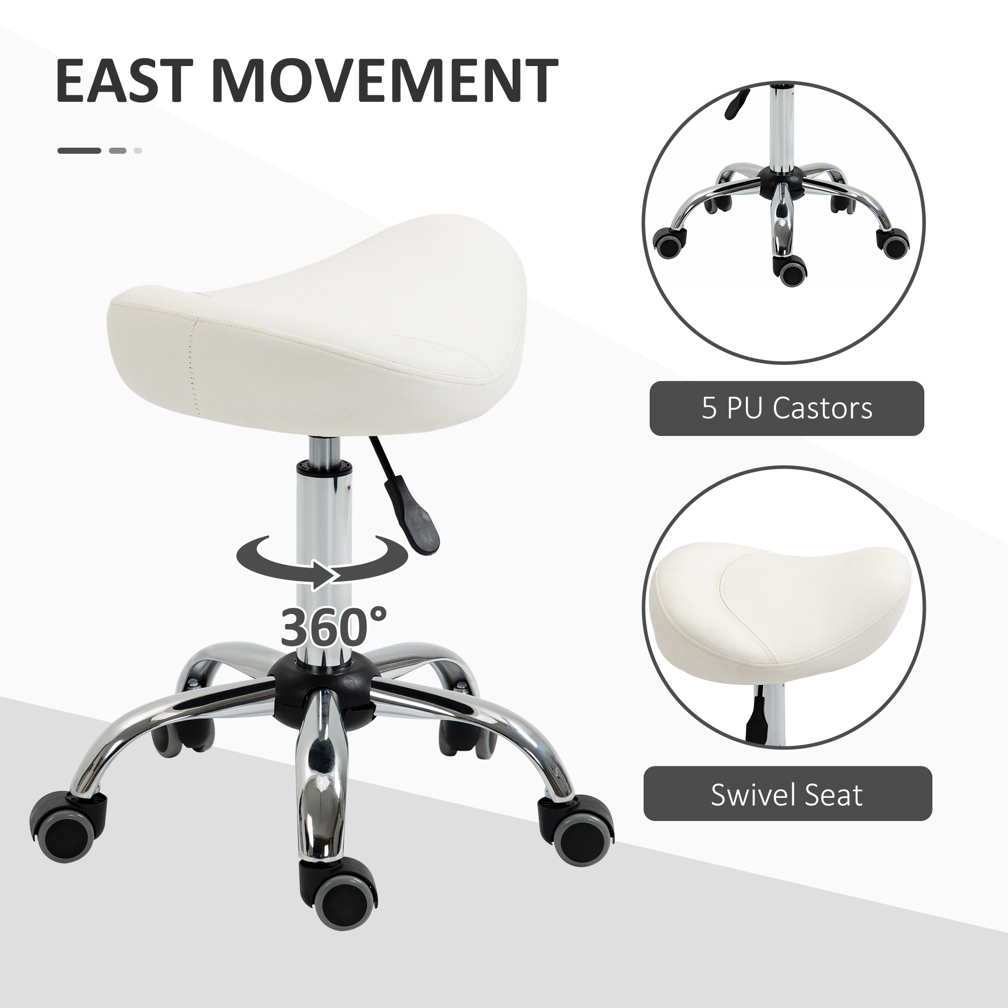 HOMCOM Saddle Stool, Height Adjustable Rolling Salon Chair With PU Leather For Massage, Spa, Clinic, Beauty And Tattoo, White , Aosom Canada