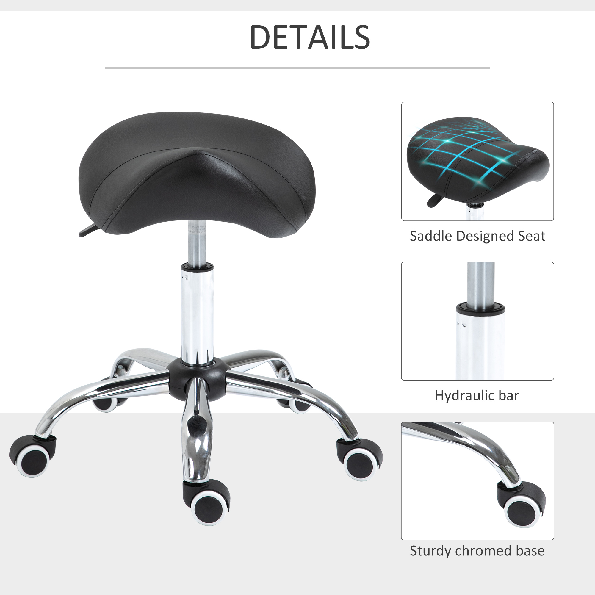 HOMCOM Adjustable Hydraulic Rolling Salon Stool Swivel Saddle Chair Spa Beauty Seat PU Leather,  Black , Aosom Canada