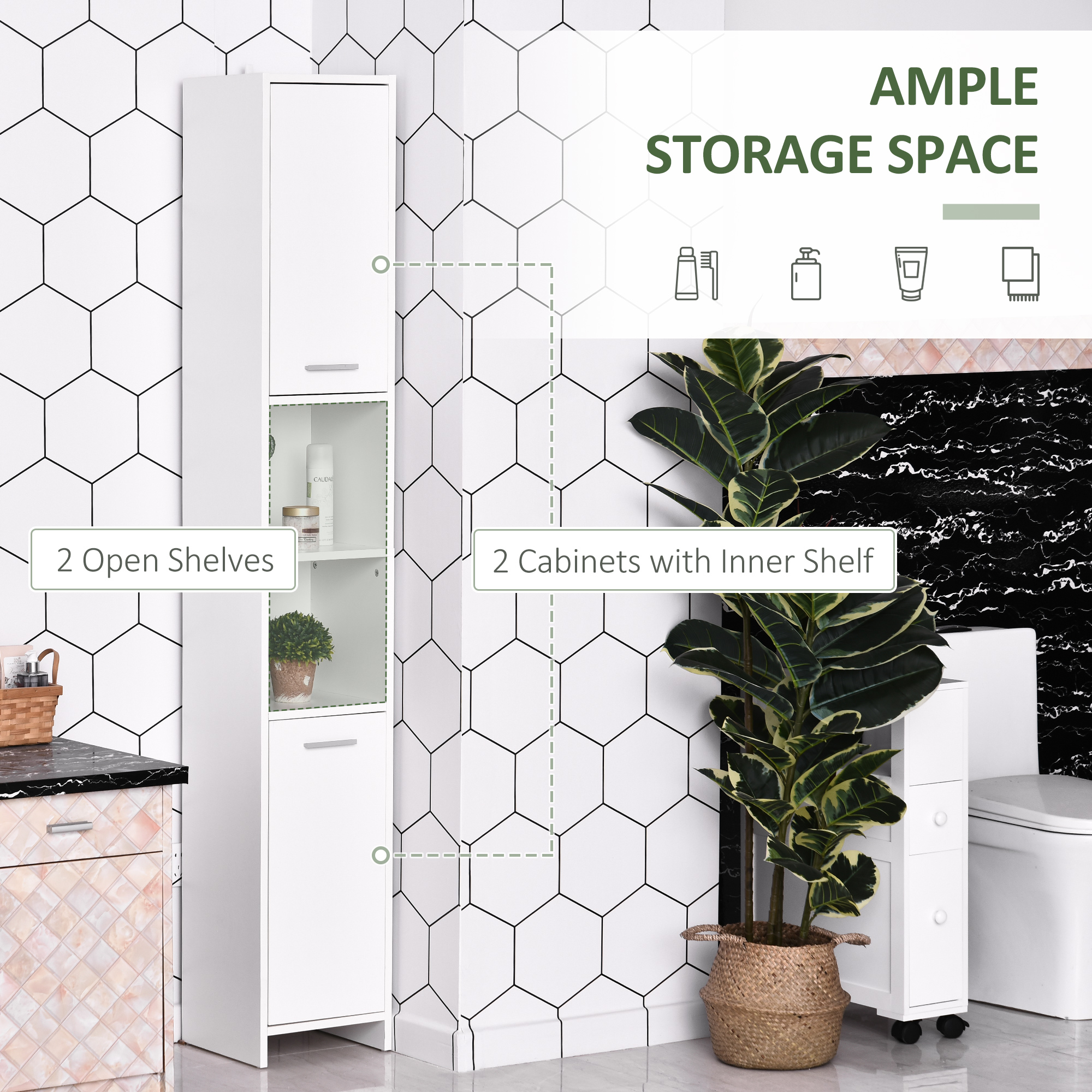 HOMCOM Tall Bathroom Cabinet with 3 Open Shelves Adjustable Shelf main image 0