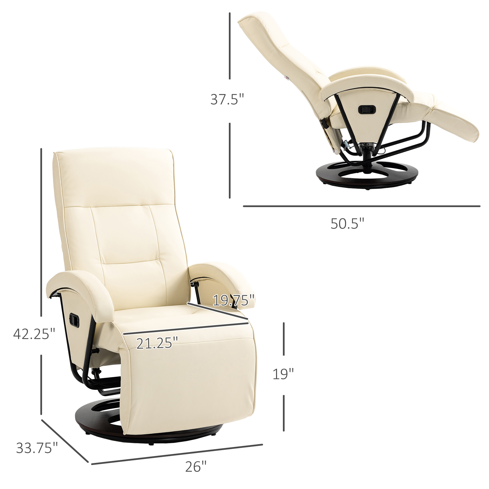 HOMCOM Swivel Recliner Armchair With 135° Adjustable Backrest, Padded Seat & Armrests For Living Room, Beige