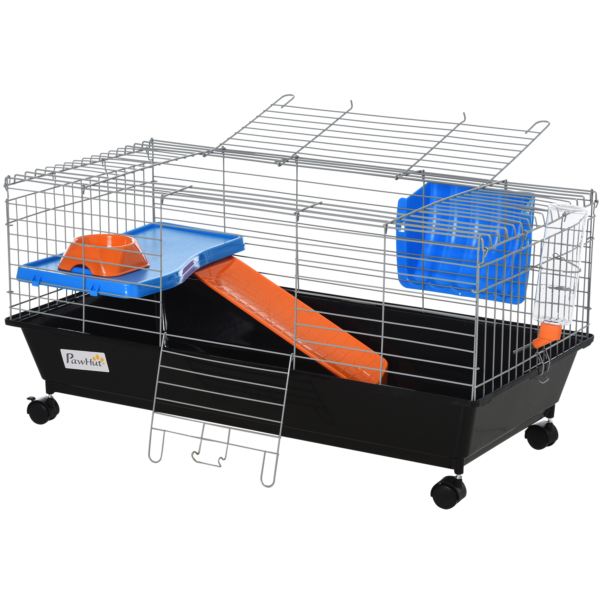 PawHut 35"L Small Animal CageRolling Bunny Cage, Guinea Pig Cage with Food Dish, Water Bottle, Hay Feeder, Platform, Ramp, Black