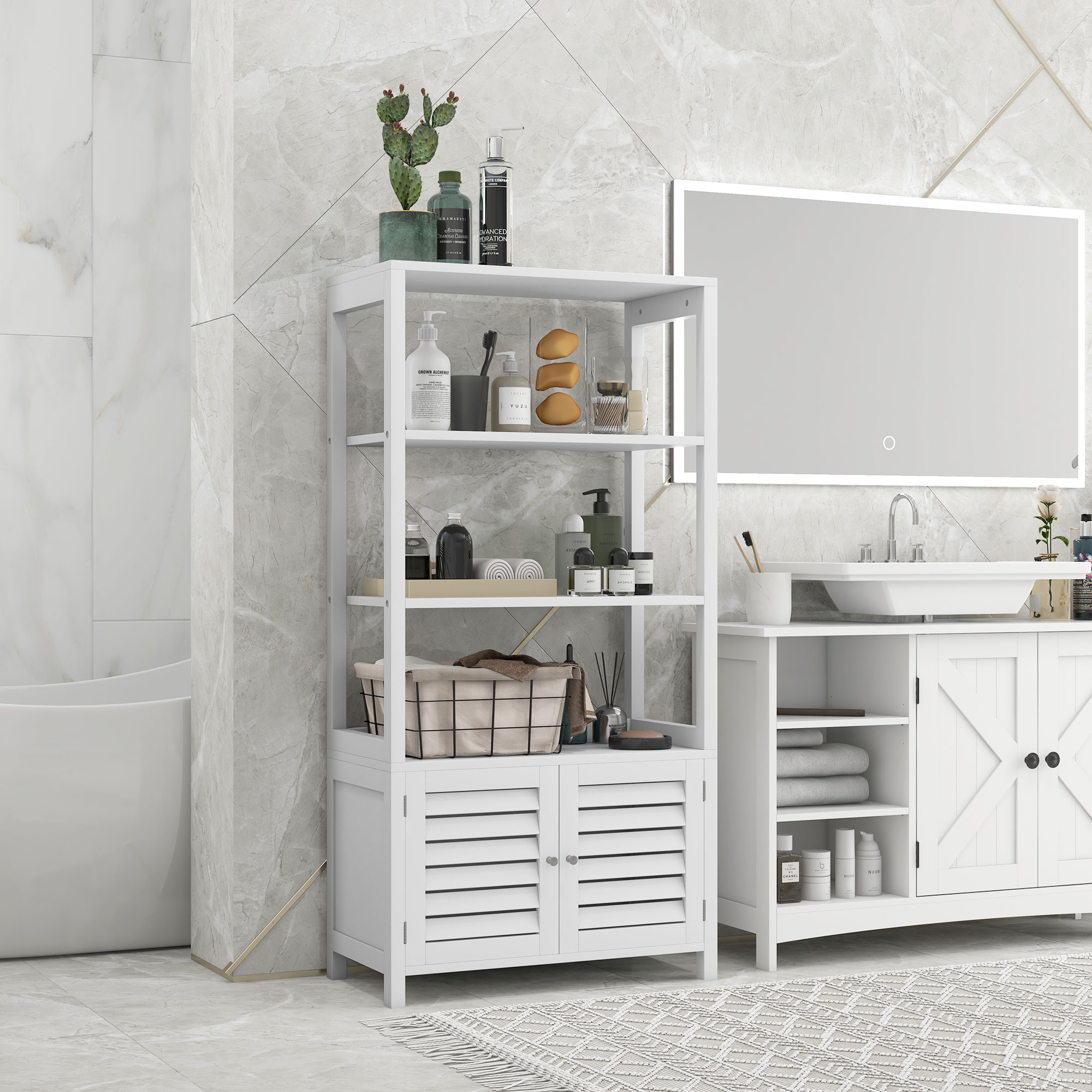 kleankin Modern Bathroom Storage Cabinet, Linen Cabinet with Slatted Doors and 3 Open Shelves ...