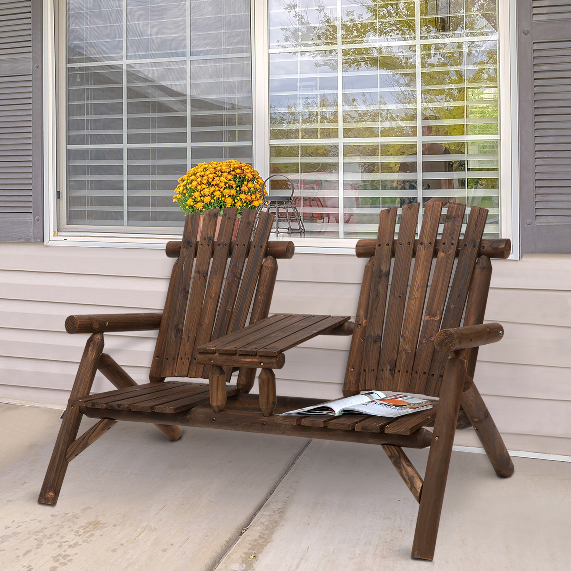 Outsunny Wood Adirondack Patio Chair Bench with Center Coffee
