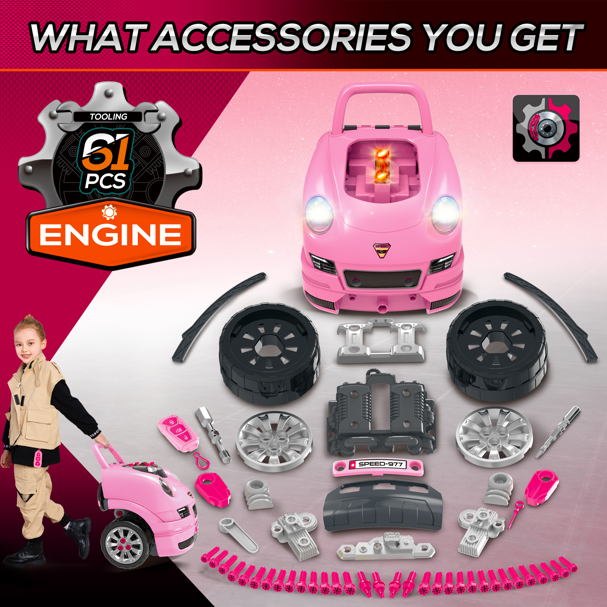 Qaba Mechanic Kids Truck Engine Toy Set, Car Service Play Set, Pink , Aosom Canada