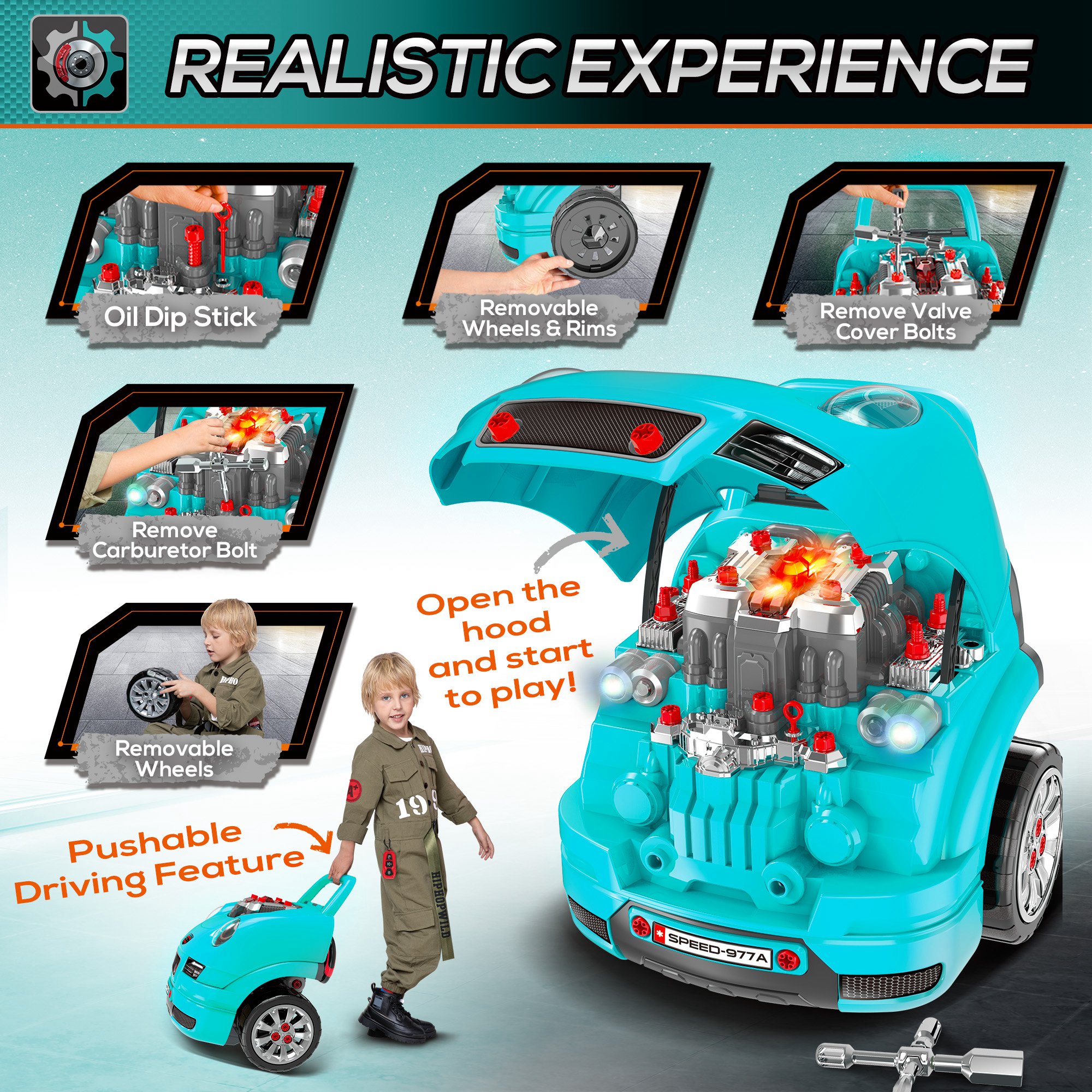 Qaba Mechanic Kids Truck Engine Toy Set, Car Service Play Set, Teal , Aosom Canada