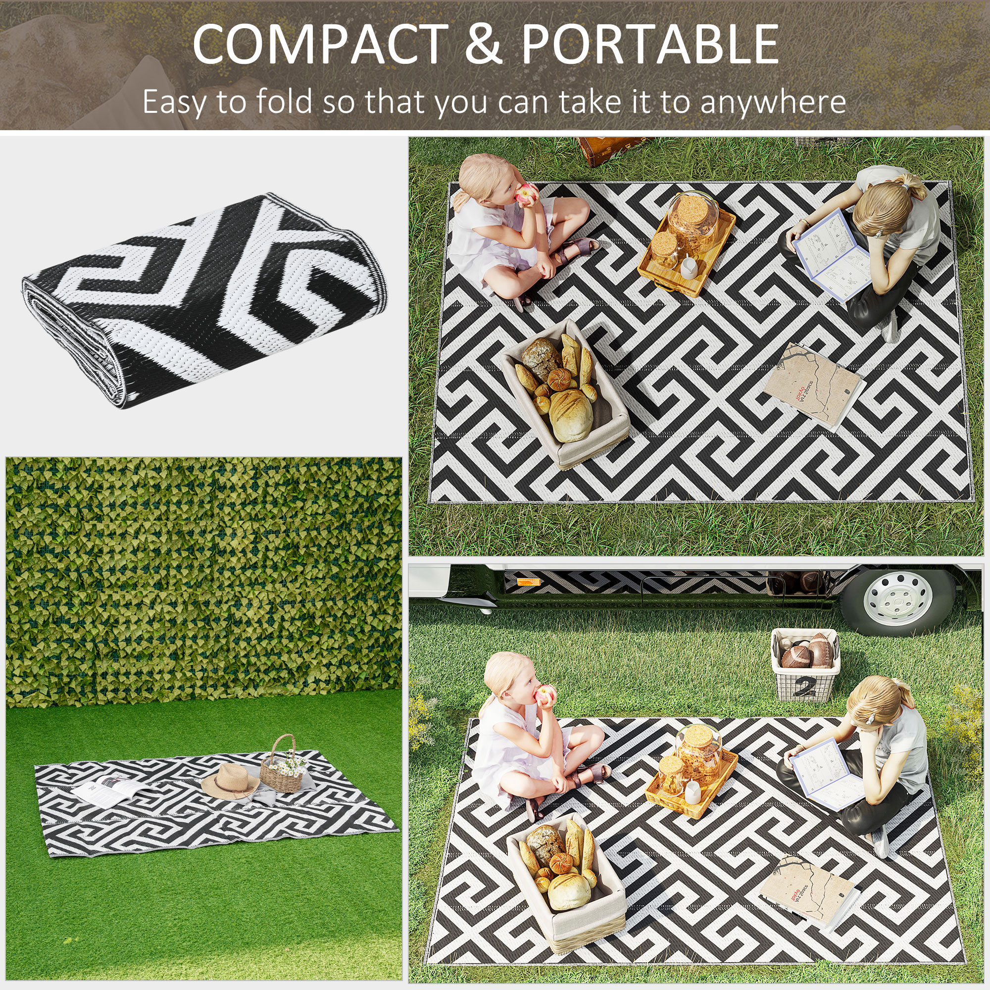 Outsunny 4' X 6' Reversible Outdoor RV Rug, Patio Floor Mat, Plastic Straw Rug For Backyard, Deck, Beach, Camping, Black & White , Aosom Canada