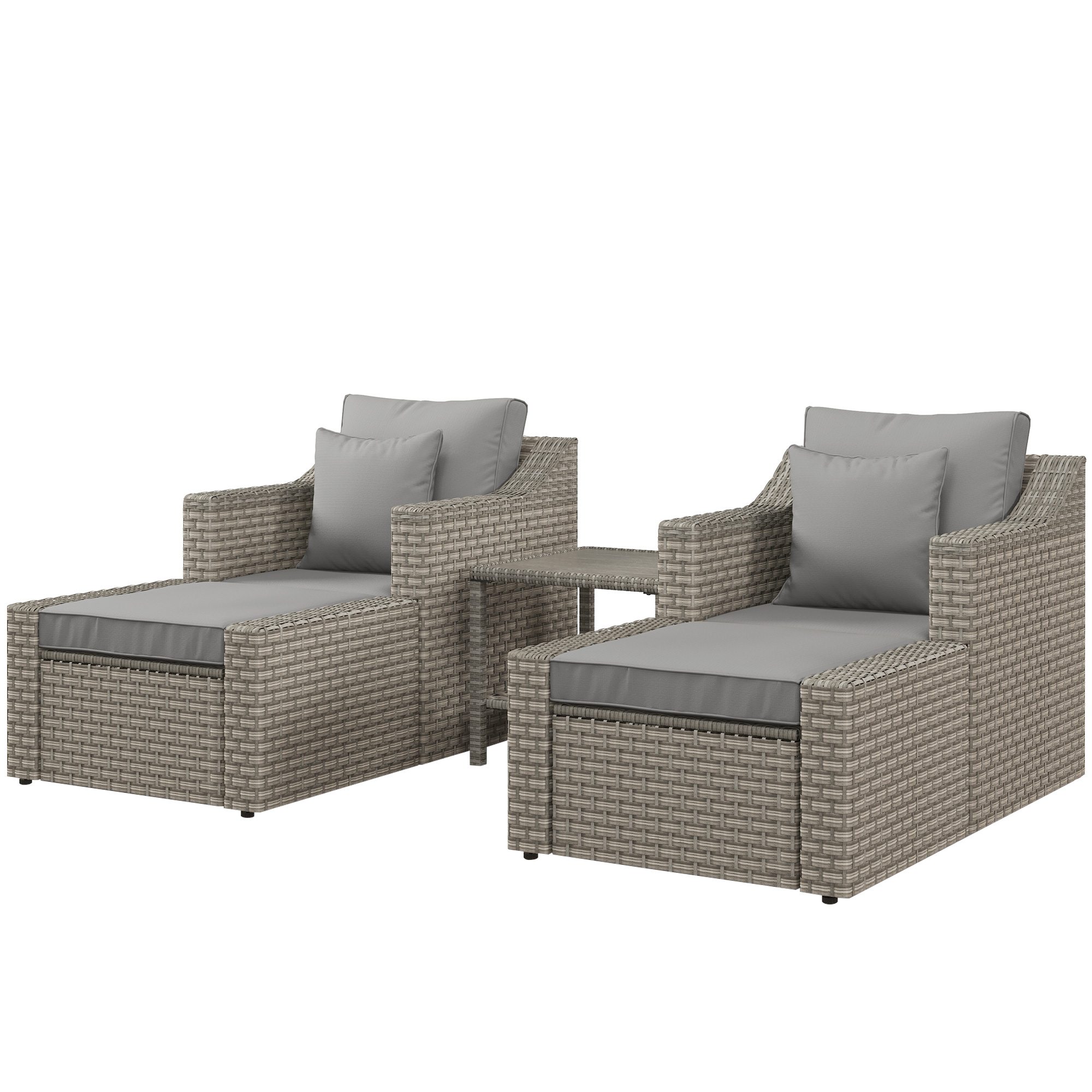 Outsunny 5-Piece PE Rattan Patio Chair Set, Outdoor Conversation Set with Wood Grain Plastic Top Coffee Table, Two Pillows, Gray