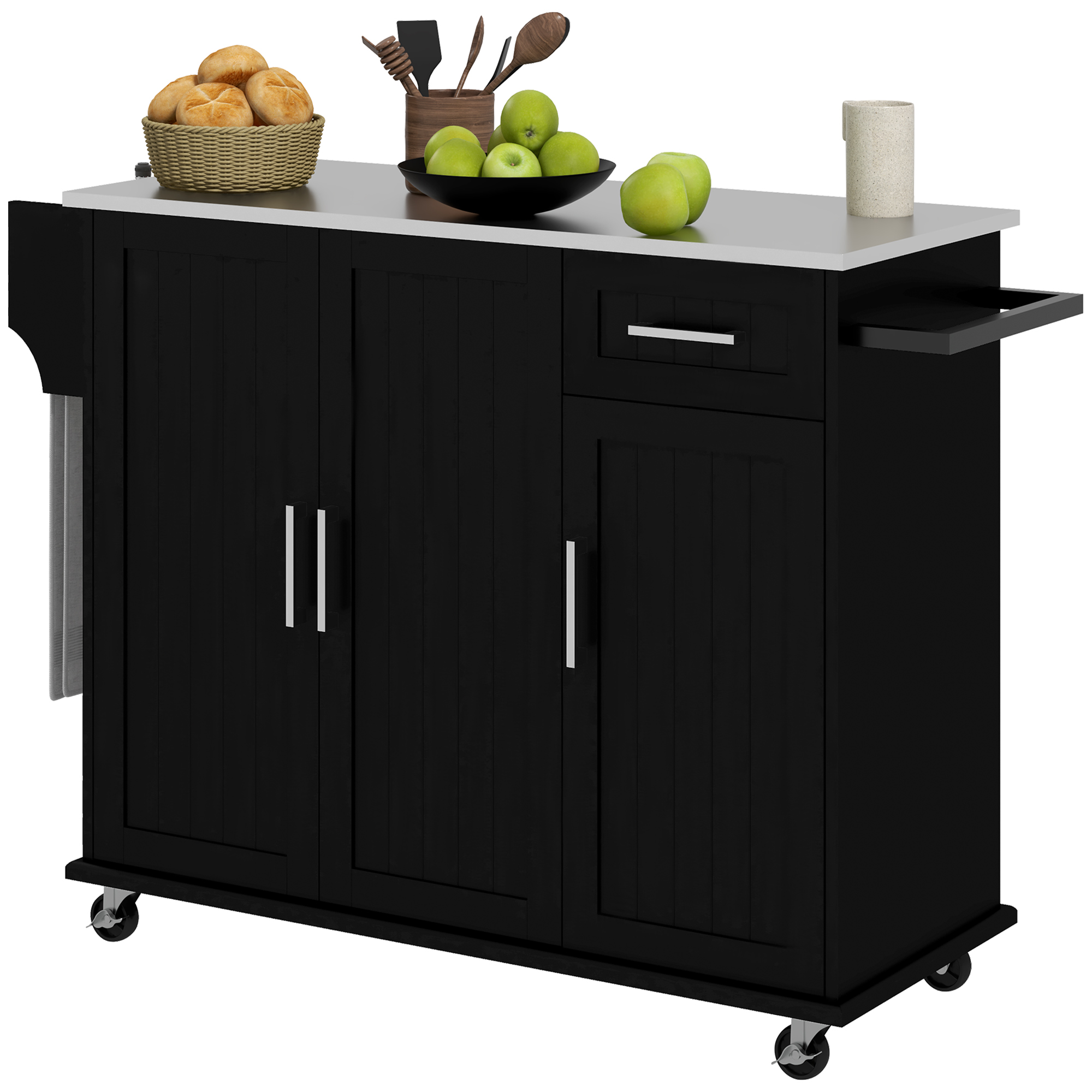 HOMCOM Kitchen Island w/ Storage, Rolling Kitchen Island on Wheels w/ Drawer, 3 Cabinets, Stainless Steel Countertop, Spice Rack and Towel Rack, Black