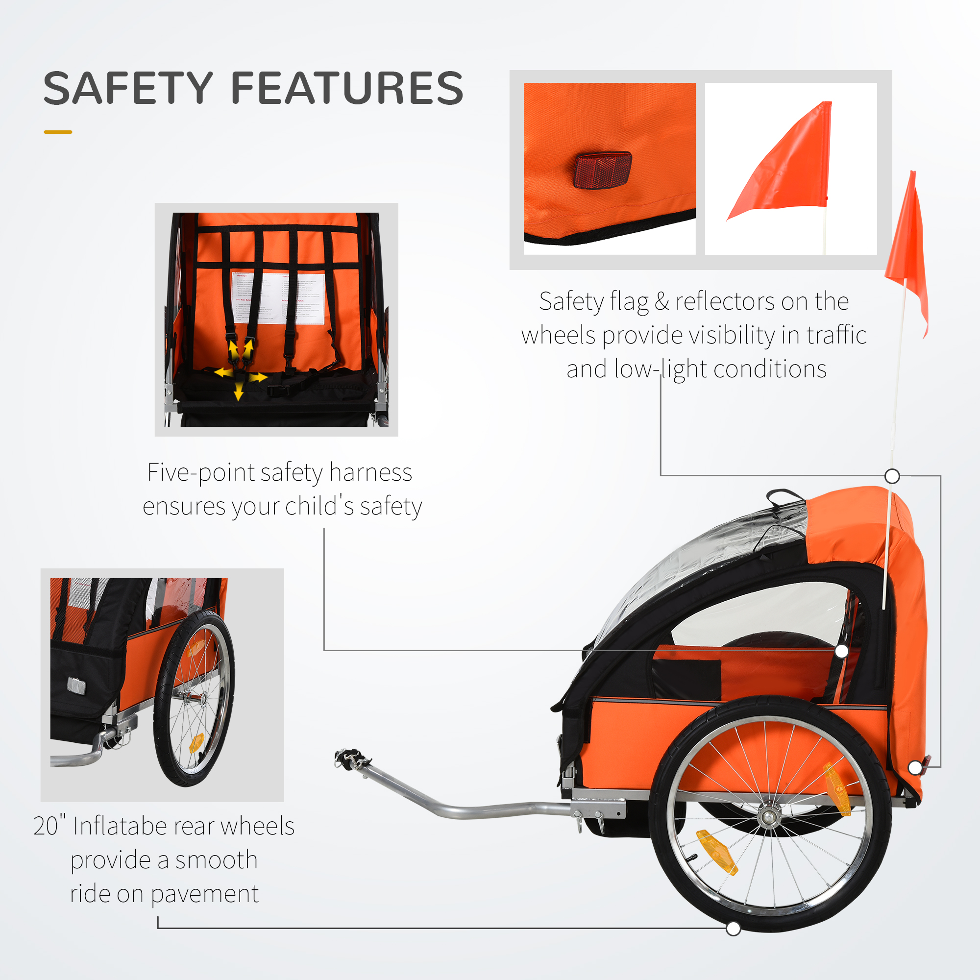 Aosom 2-Seat Child Bike Trailer For Kids With A Strong Steel Frame, 5-Point Safety Harnesses, & Comfortable Seat, Red , Aosom Canada