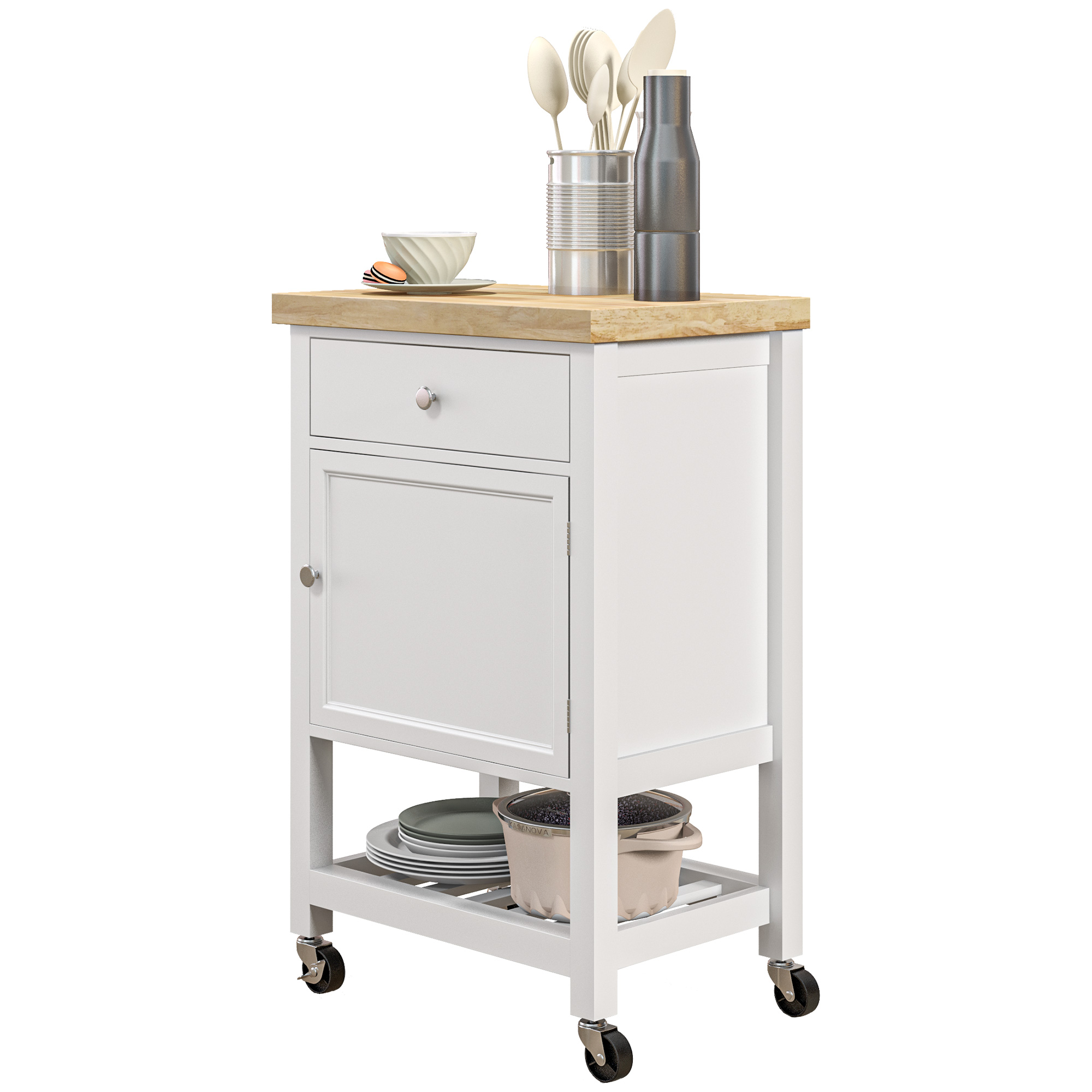HOMCOM Kitchen Cart, White, Rolling Island with Rubberwood Top, Drawer, Wine Rack, Cabinet on Wheels | Aosom.com