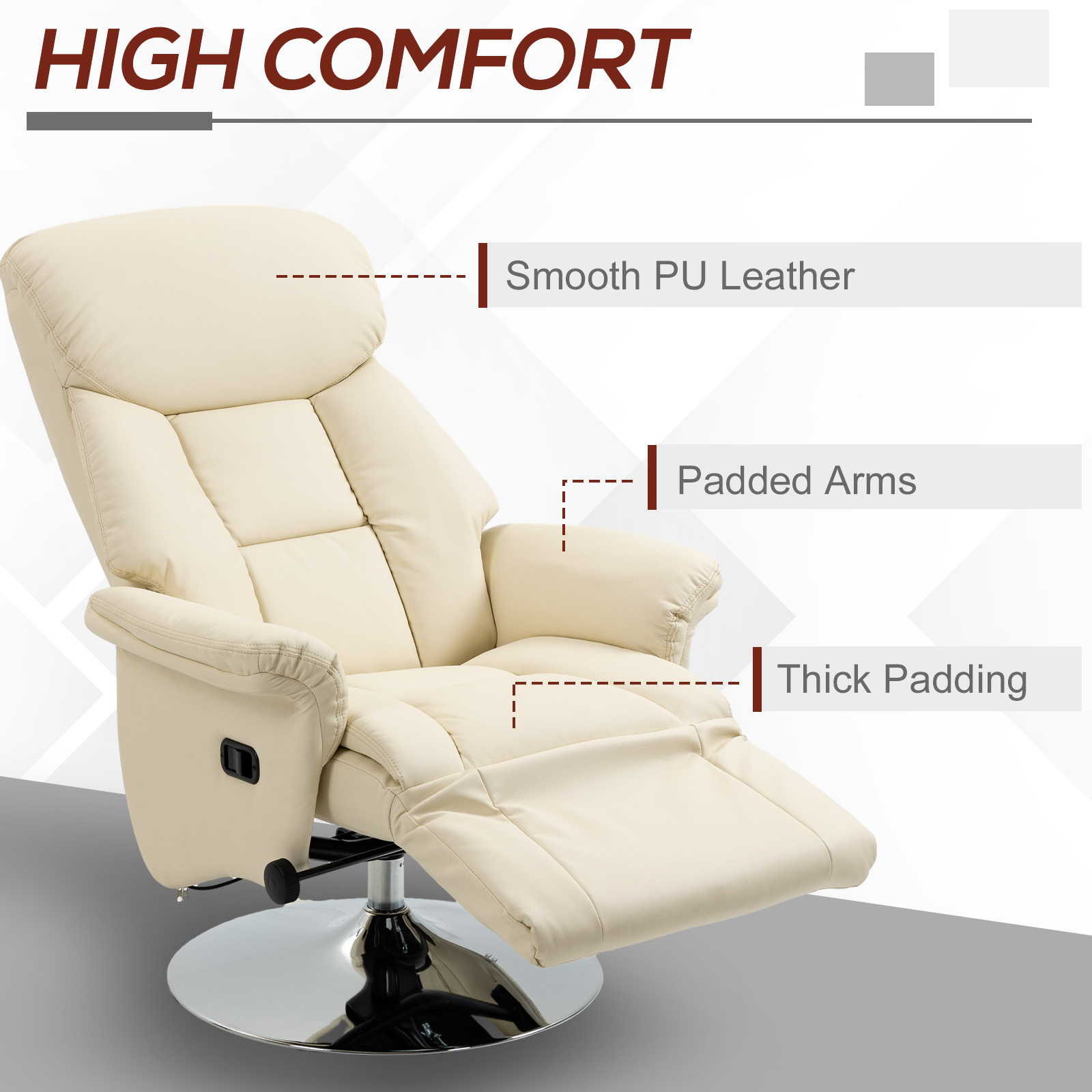 HOMCOM Swivel Recliner, Adjustable PU Leather Upholstered Recliner Chair With Footrest, Padded Arms And Steel Base, Cream White