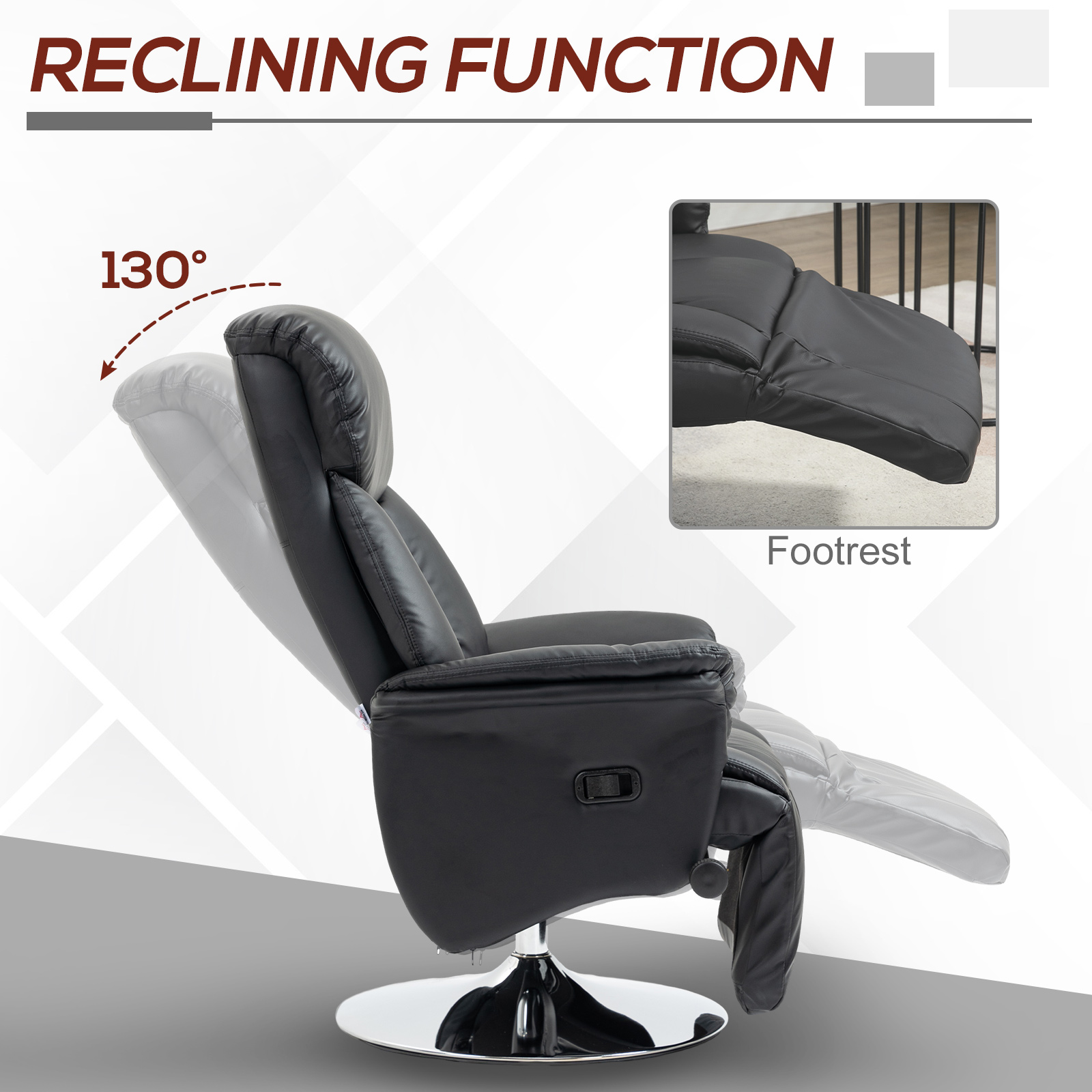 HOMCOM Adjustable Swivel Recliner Chair, PU Leather with Footrest, Padded Arms, Steel Base, Black | Aosom.com 2