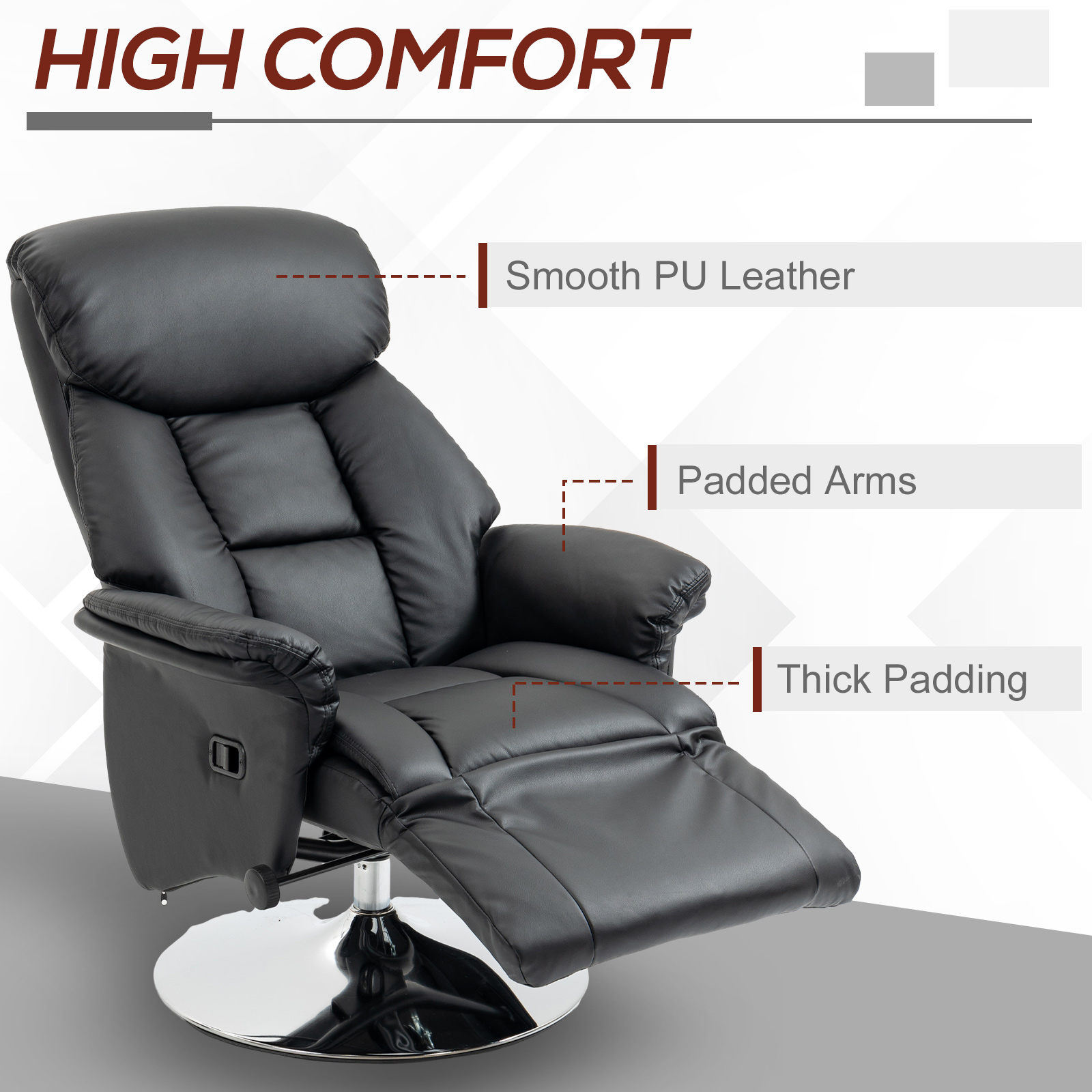 HOMCOM Adjustable Swivel Recliner Chair, PU Leather with Footrest, Padded Arms, Steel Base, Black | Aosom.com 4