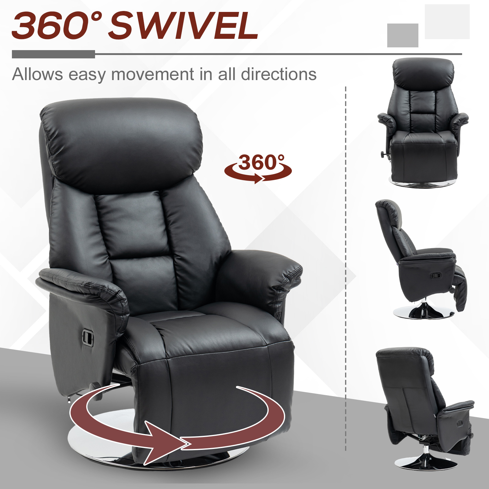 HOMCOM Adjustable Swivel Recliner Chair, PU Leather with Footrest, Padded Arms, Steel Base, Black | Aosom.com 3