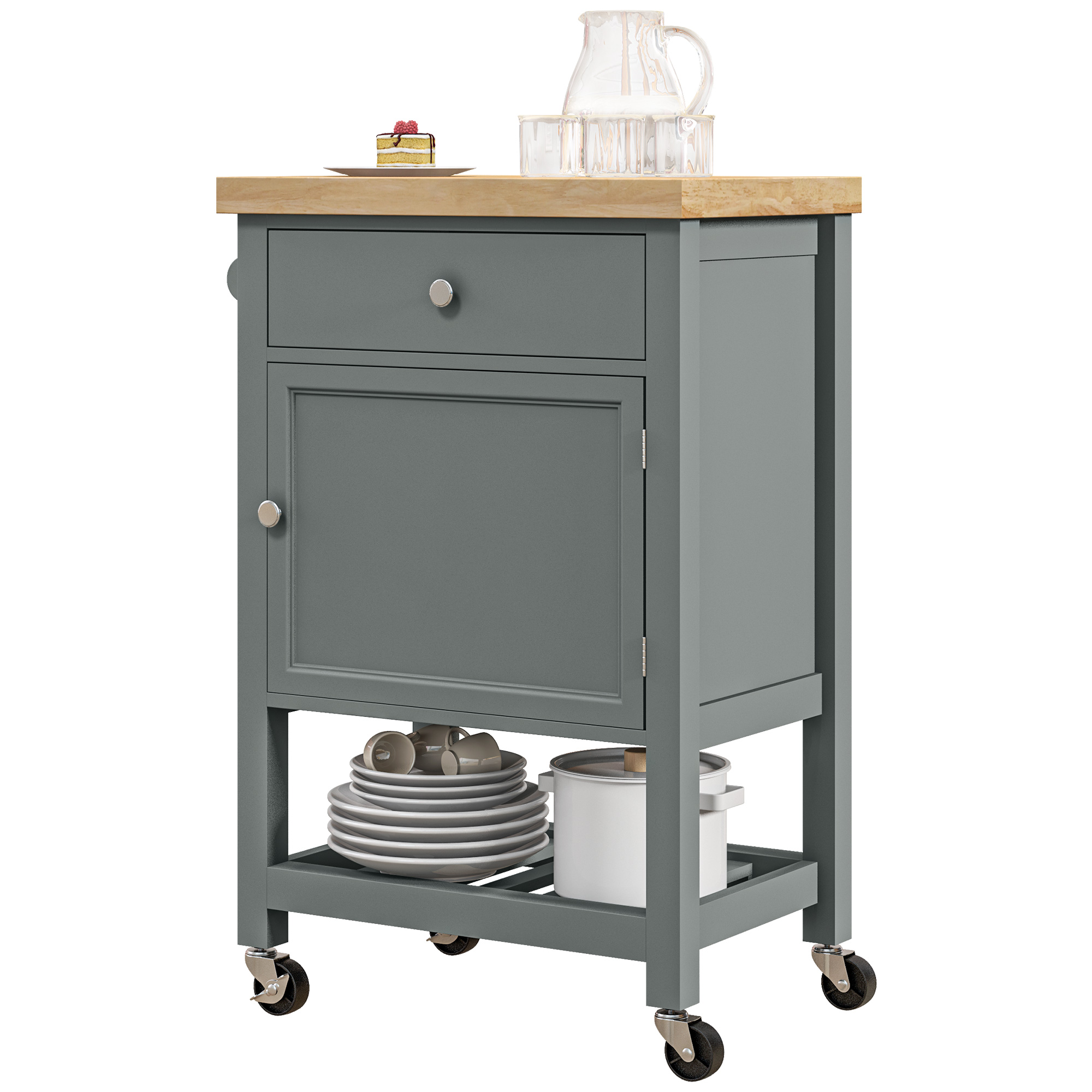 HOMCOM Kitchen Island on Wheels, Rolling Kitchen Cart with Rubberwood Top, Drawer, Wine Rack and Cabinet, Gray