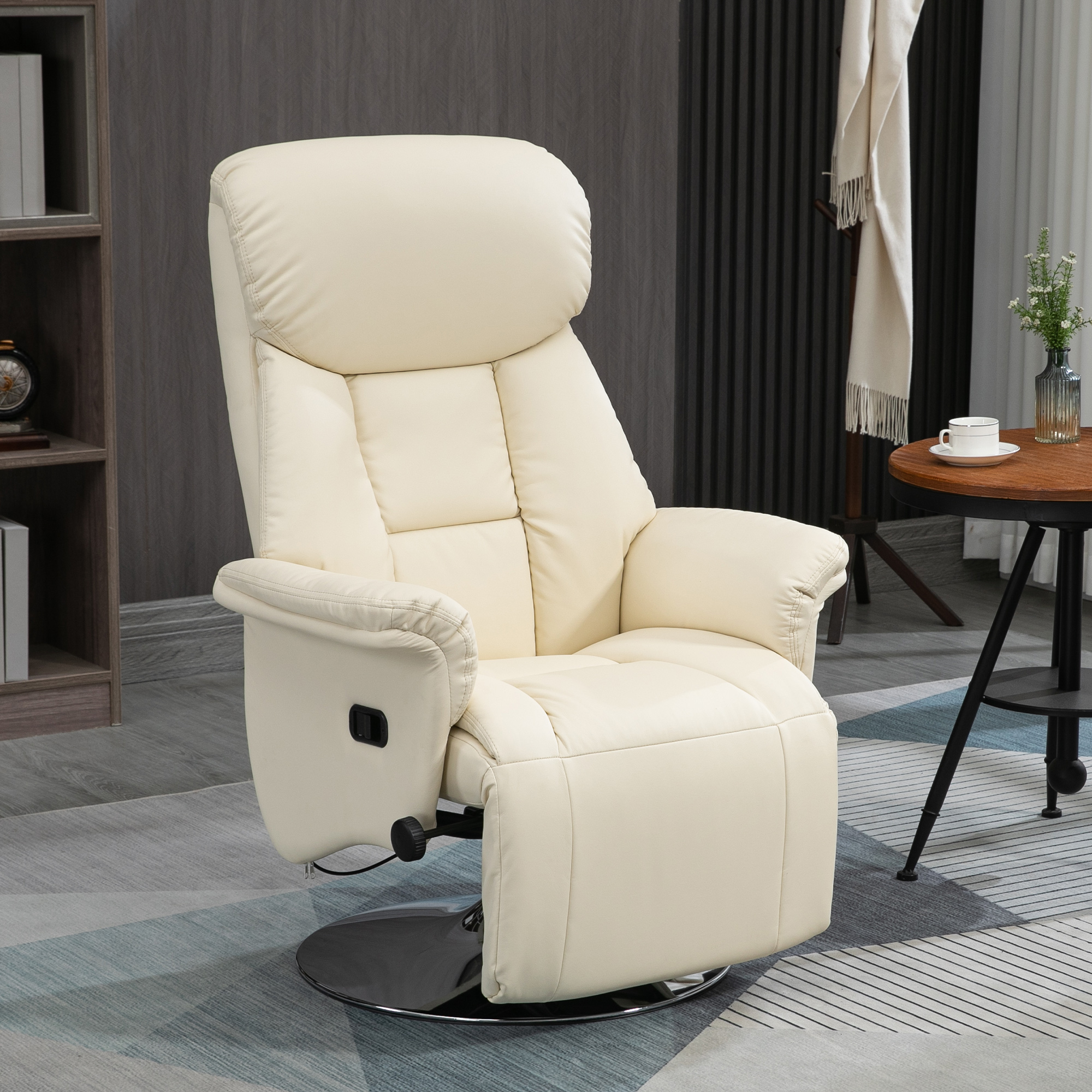 HOMCOM Swivel Recliner, Adjustable PU Leather Upholstered Recliner Chair With Footrest, Padded Arms And Steel Base, Cream White