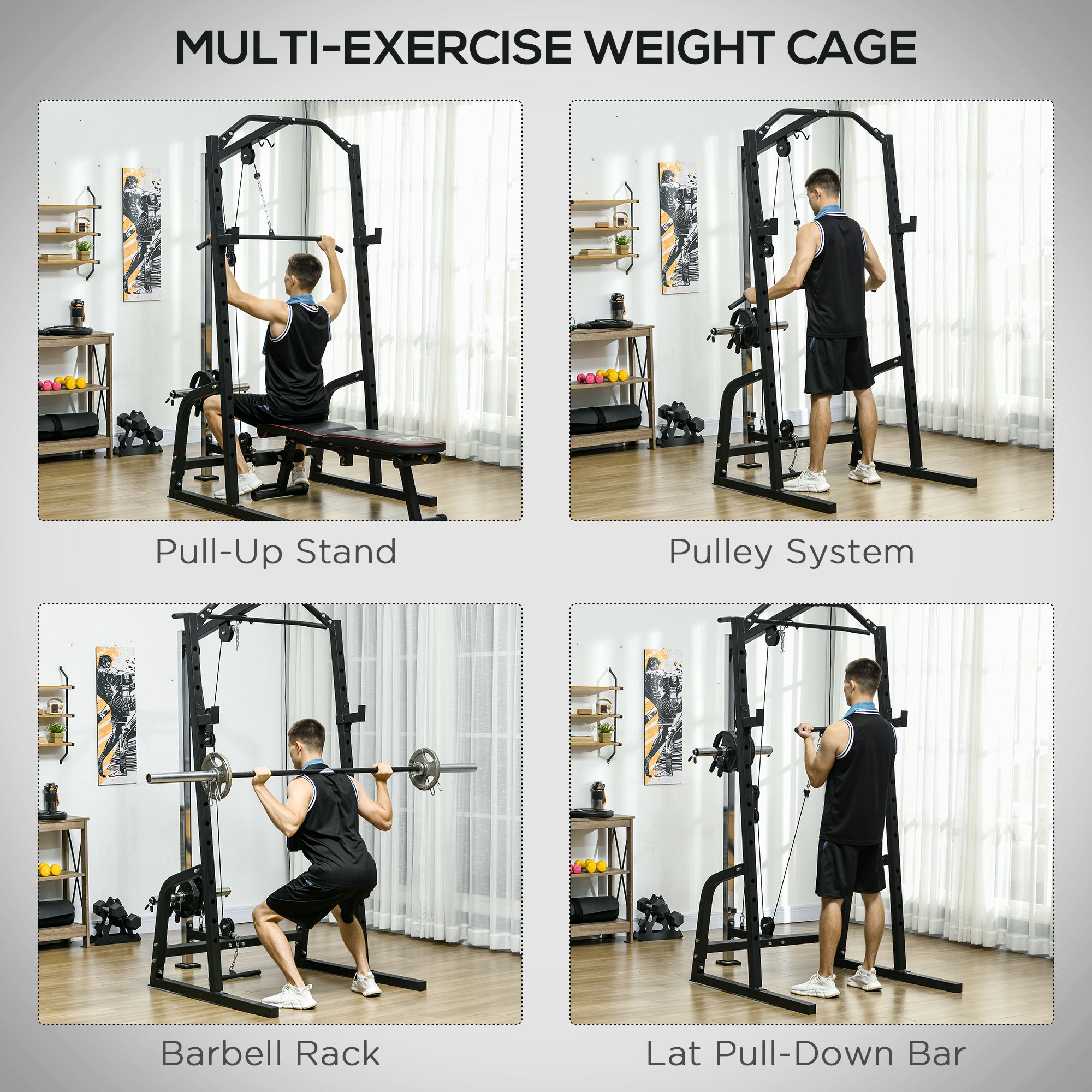 Soozier Power Cage Power Rack with 15-Level Squat Rack, Cable Pulley ...