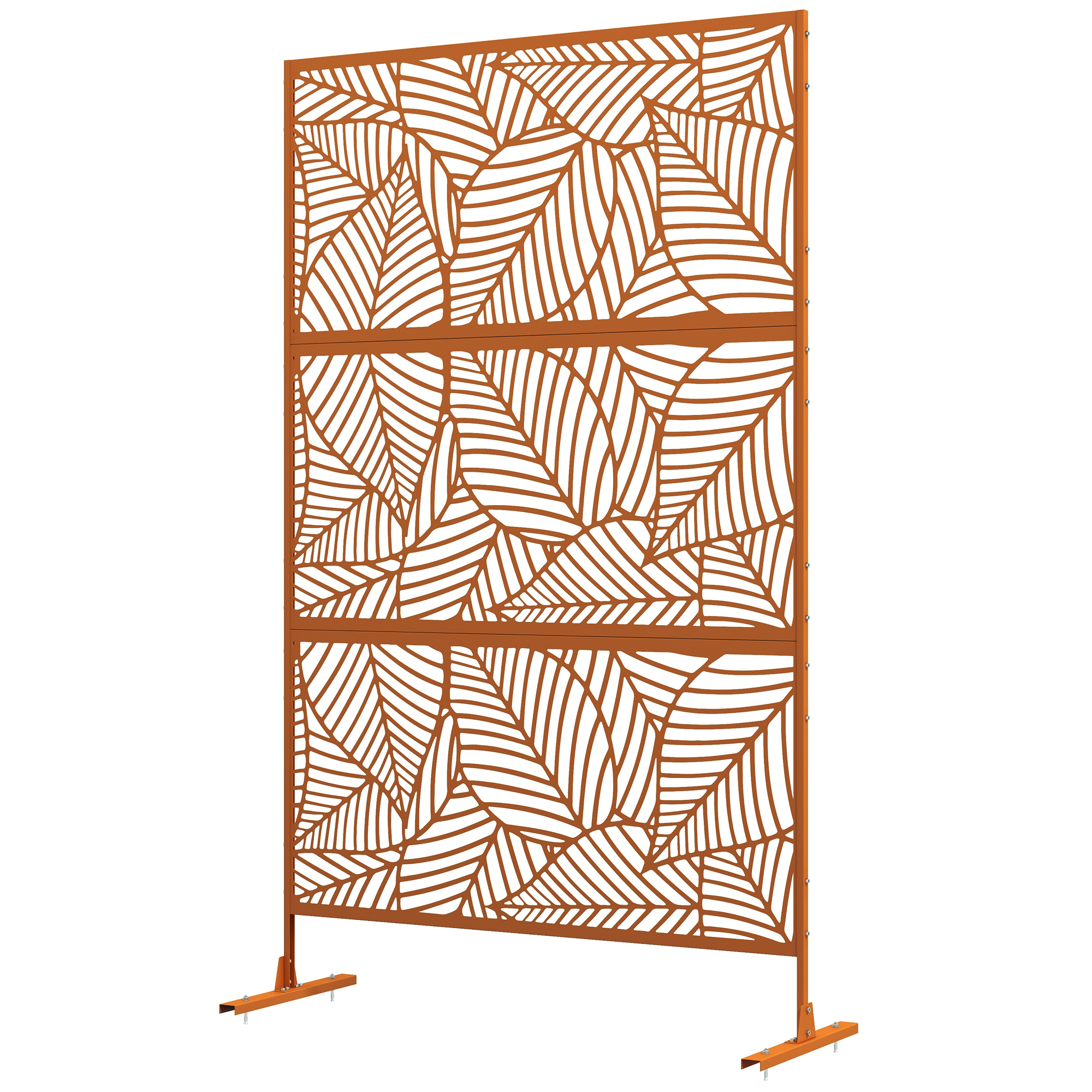 Outsunny 6.5' Decorative Outdoor Divider, Metal Privacy Screen With Stand, Leaf Motif, Brown