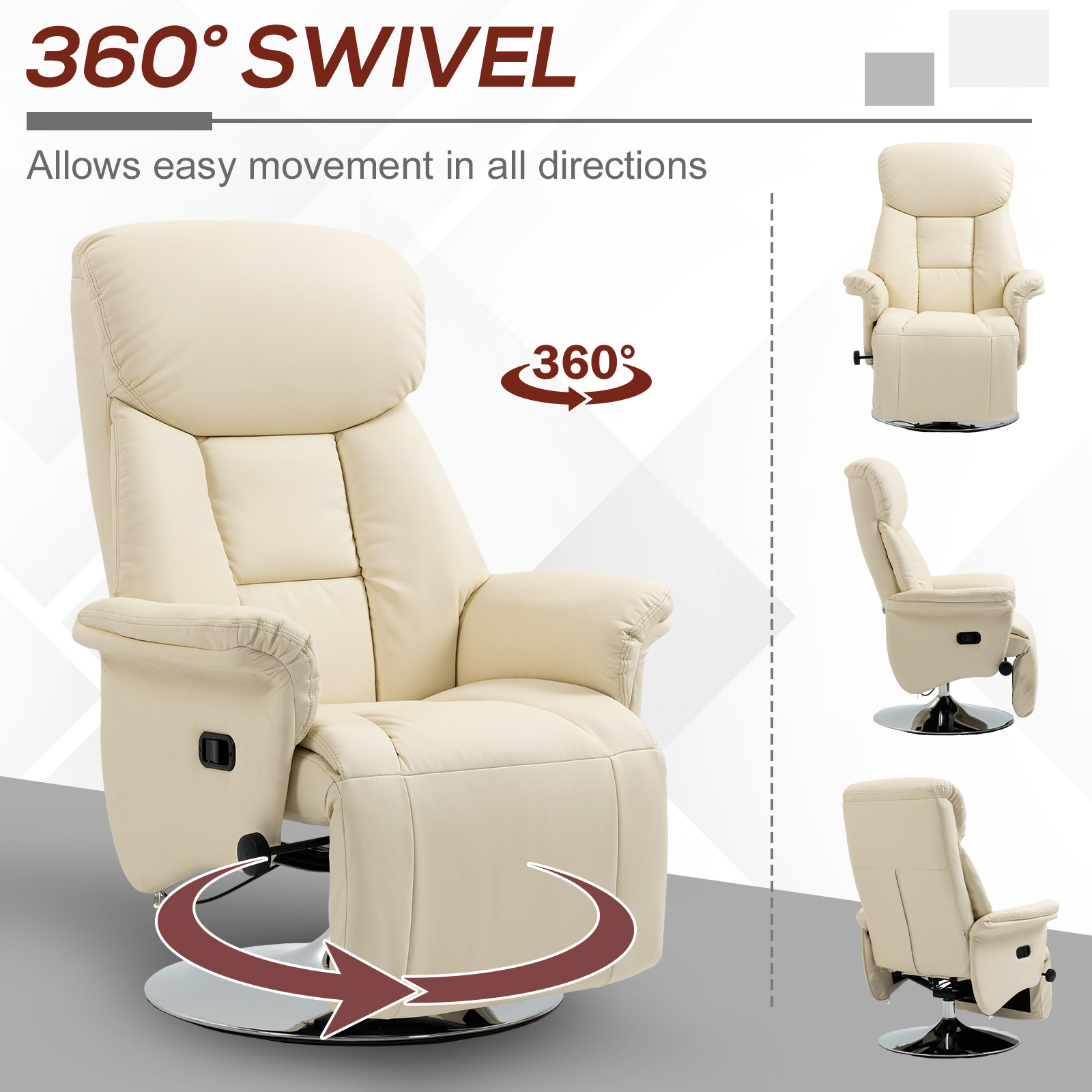 HOMCOM Swivel Recliner, Adjustable PU Leather Upholstered Recliner Chair With Footrest, Padded Arms And Steel Base, Cream White