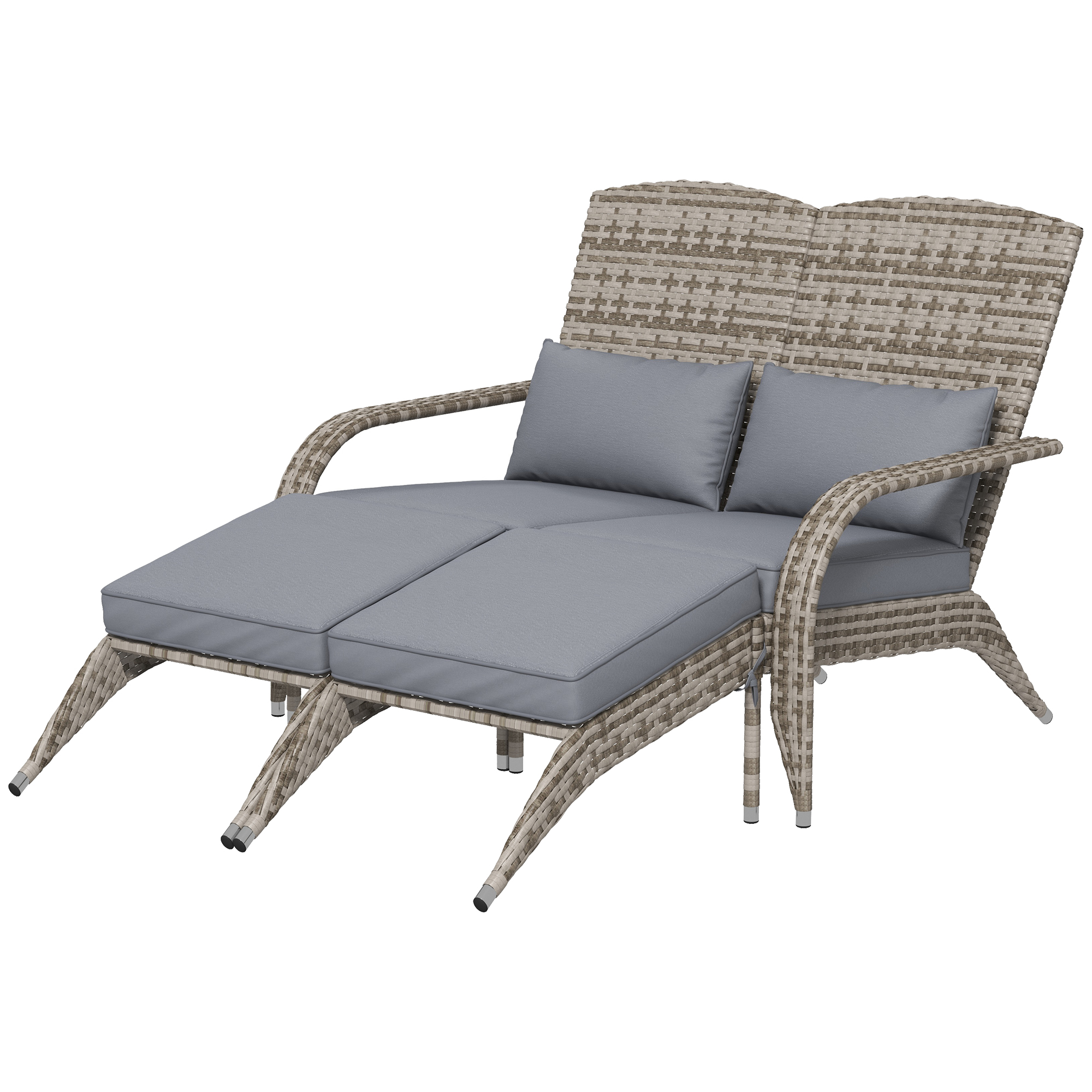 Outsunny Wicker Adirondack Chair for 2 with Cushions & Footrests, PE Rattan Double Chaise Lounge Chair, Fire Pit Chair for Porch with High-back, Wide 