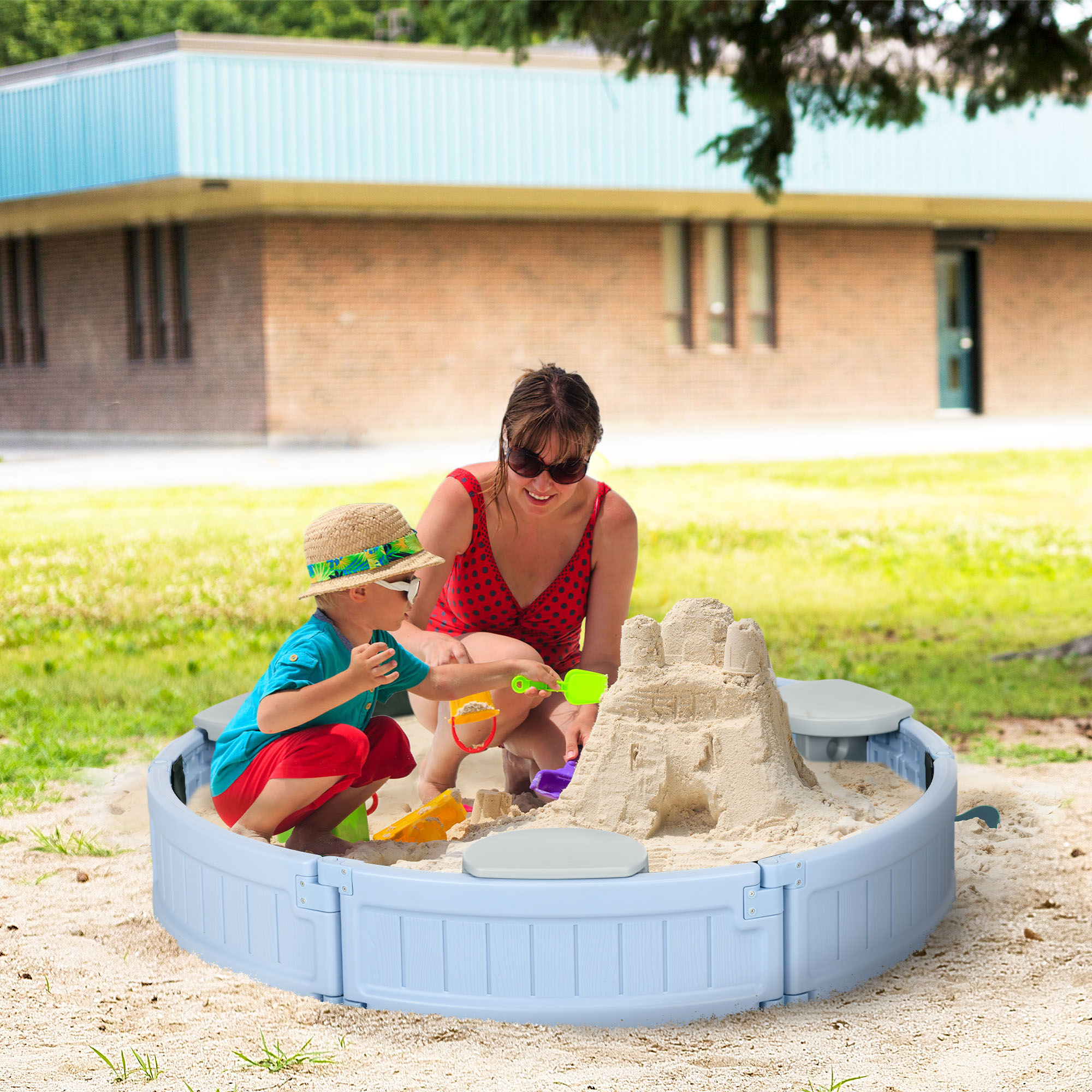 Outsunny Kids Outdoor Sandbox With Cover, Bottom Fabric Liner, For 3-12 Years, Light Blue , Aosom Canada