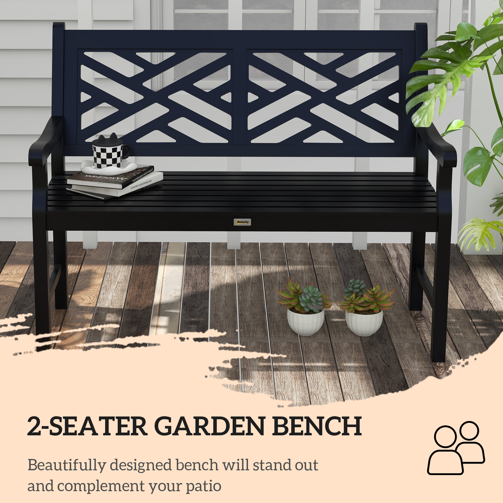 Outsunny 43.25 Outdoor Garden Bench, Wooden Bench, Poplar Slatted Frame Furniture For Patio, Park, Porch, Lawn, Yard, Deck, Black