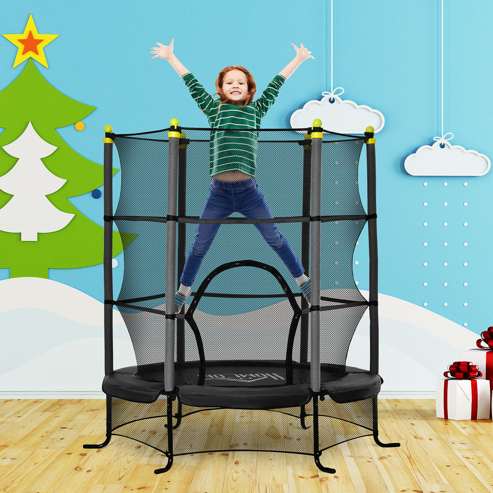 Soozier 5.3FT Kids Trampoline With Safety Enclosure, For 3-10 Years Old, Indoor & Outdoor Use, Black