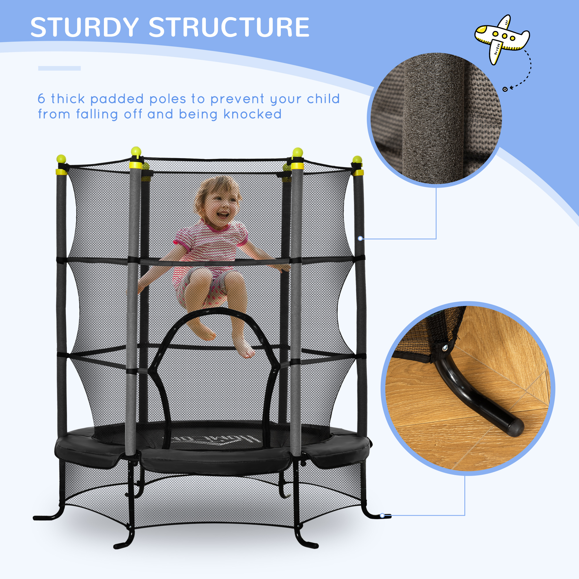 Soozier 5.3FT Kids Trampoline with Safety Enclosure, Black, Indoor/Outdoor Use for Ages 3-10 | Aosom.com 3