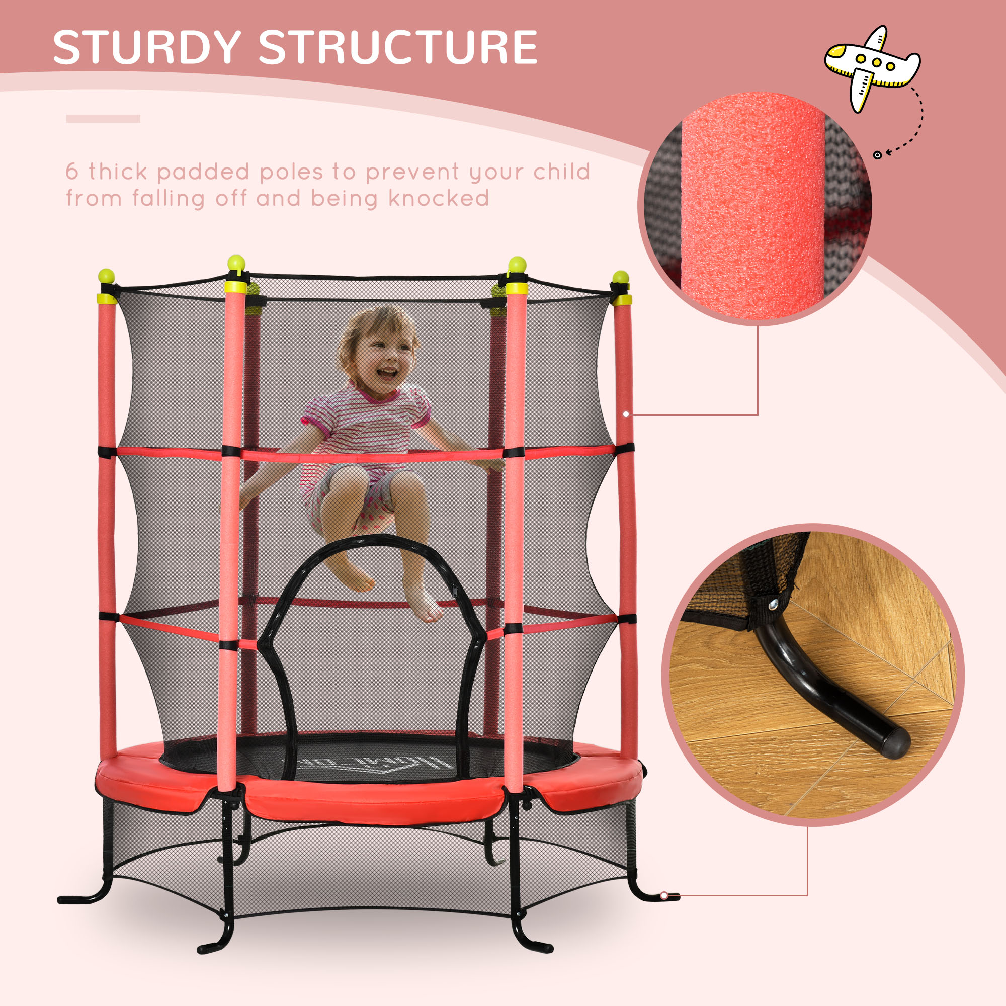 Soozier 5.3FT Kids Trampoline, Red, with Safety Enclosure, for 3-10 Years Old, Indoor/Outdoor Use | Aosom.com 3