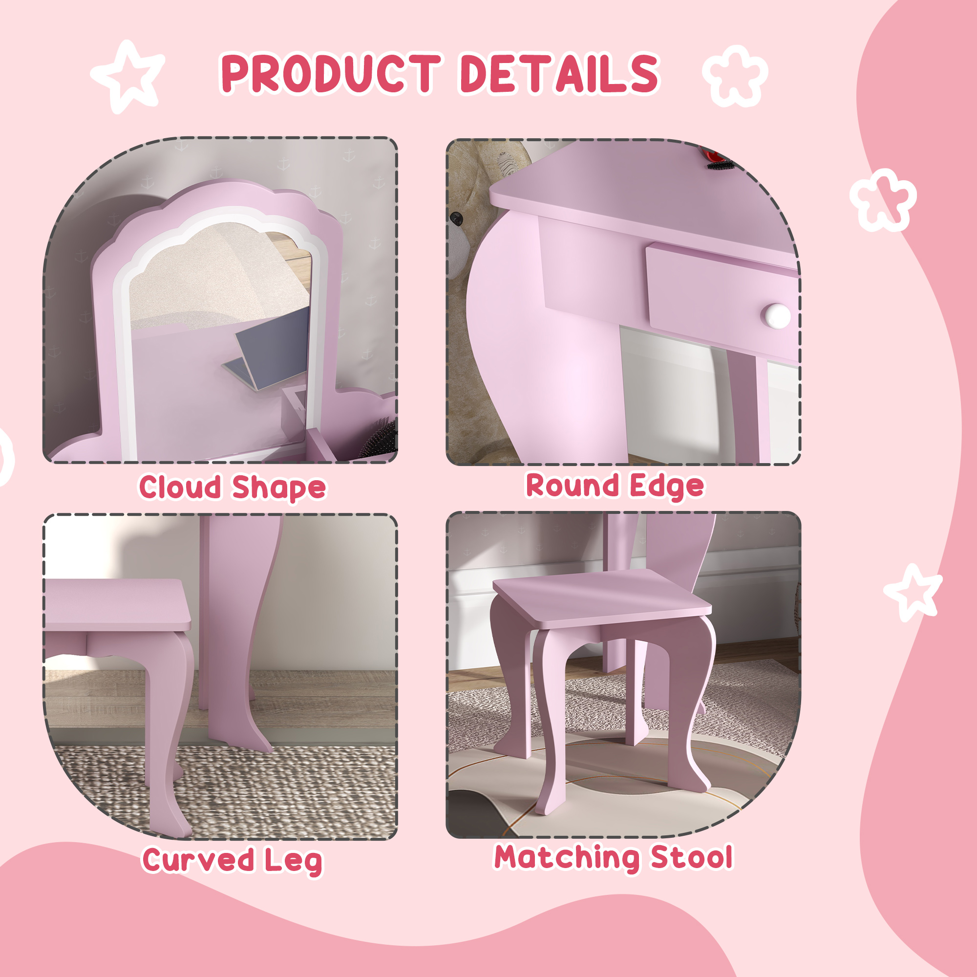 Qaba Makeup Vanity With Mirror And Stool, Cloud Design, Drawer, Storage Boxes, For 3-6 Years Old, Pink , Aosom Canada