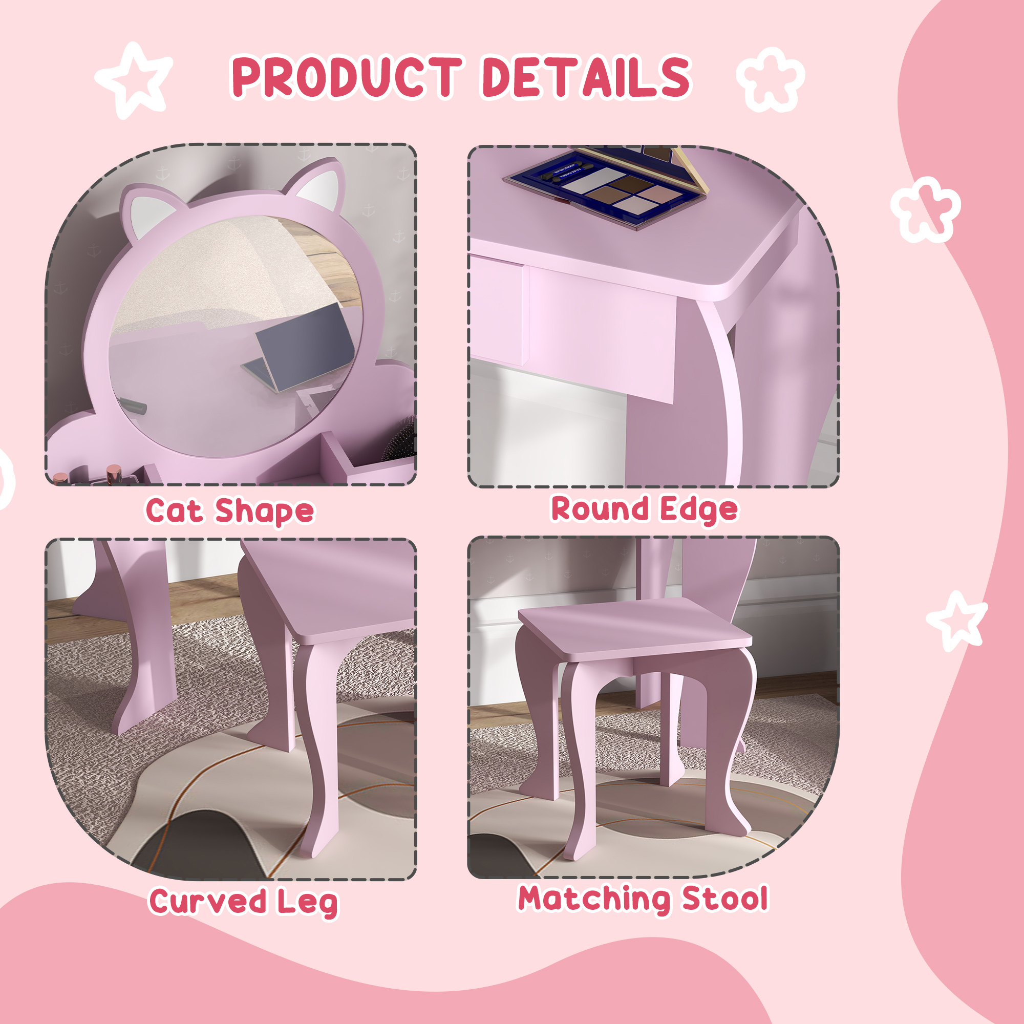 Qaba Makeup Vanity With Mirror And Stool, Cat Design, Drawer, Storage Boxes, For 3-6 Years Old, Pink , Aosom Canada