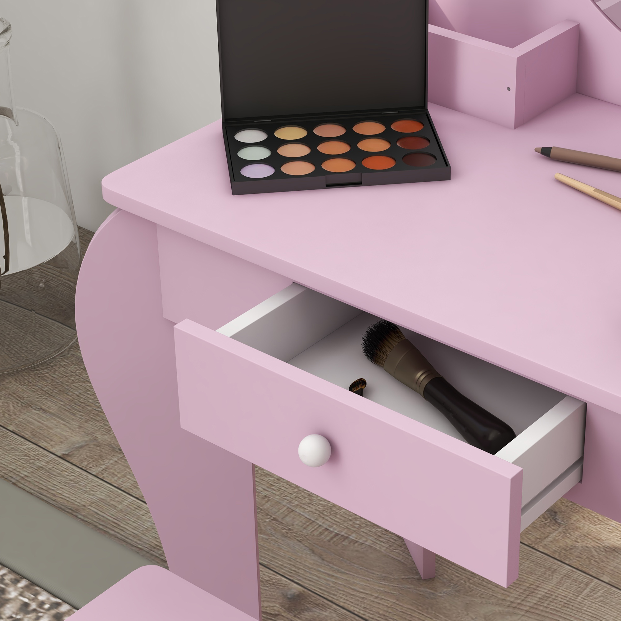 Qaba Makeup Vanity With Mirror And Stool, Cat Design, Drawer, Storage Boxes, For 3-6 Years Old, Pink , Aosom Canada