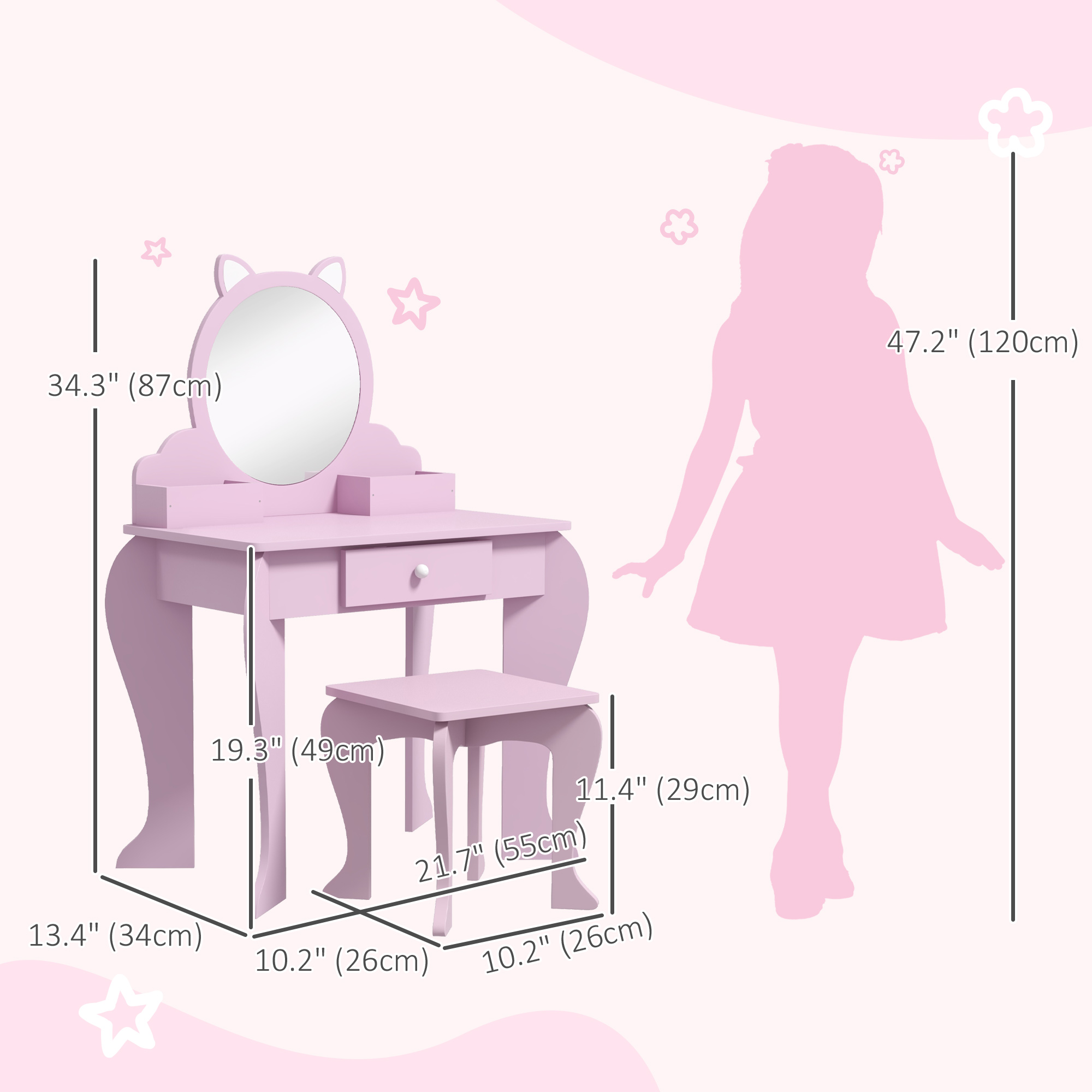 Qaba Makeup Vanity With Mirror And Stool, Cat Design, Drawer, Storage Boxes, For 3-6 Years Old, Pink , Aosom Canada